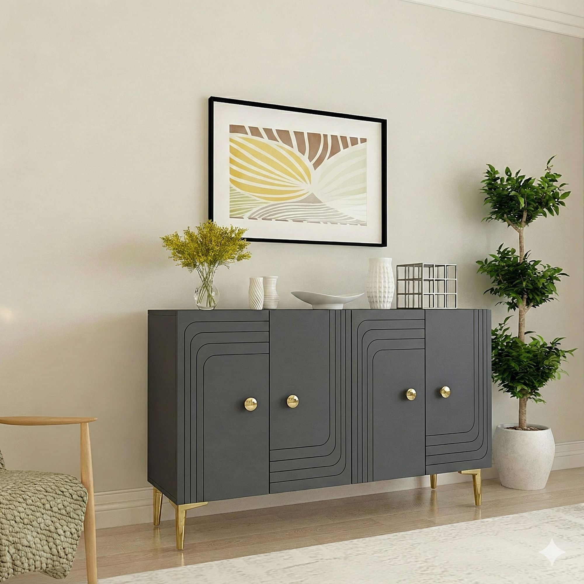 Consola Lessi 120, 120 x 75 x 32 cm, antracit auriu, PAL melaminat, spatiu de depozitare, fixare pe perete, antracit / gold — imaginea 7