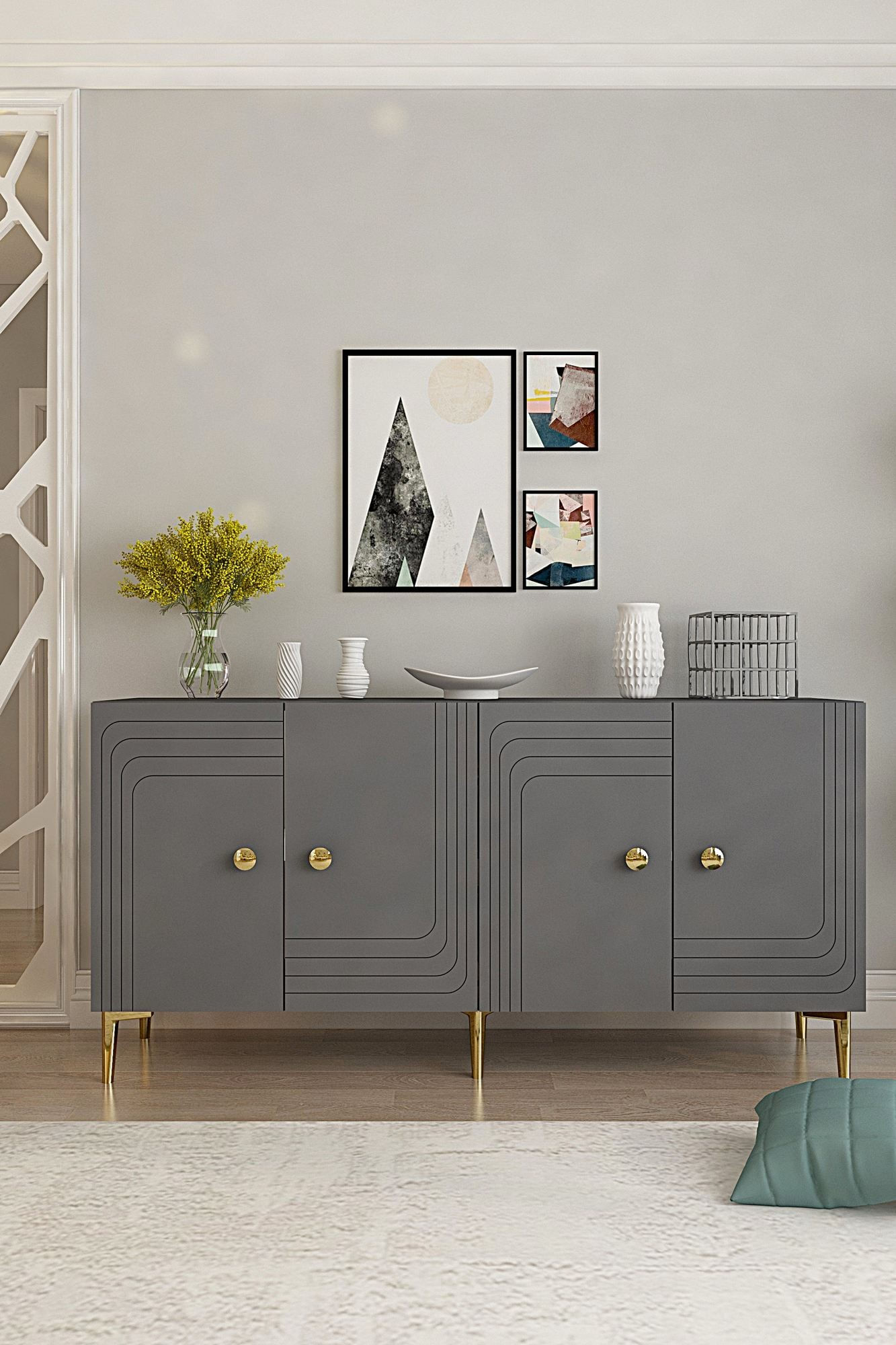 Consola Lessi 150, 150 x 75 x 32 cm, antracit auriu, PAL melaminat, spatiu de depozitare, fixare pe perete, antracit / gold — imaginea 8