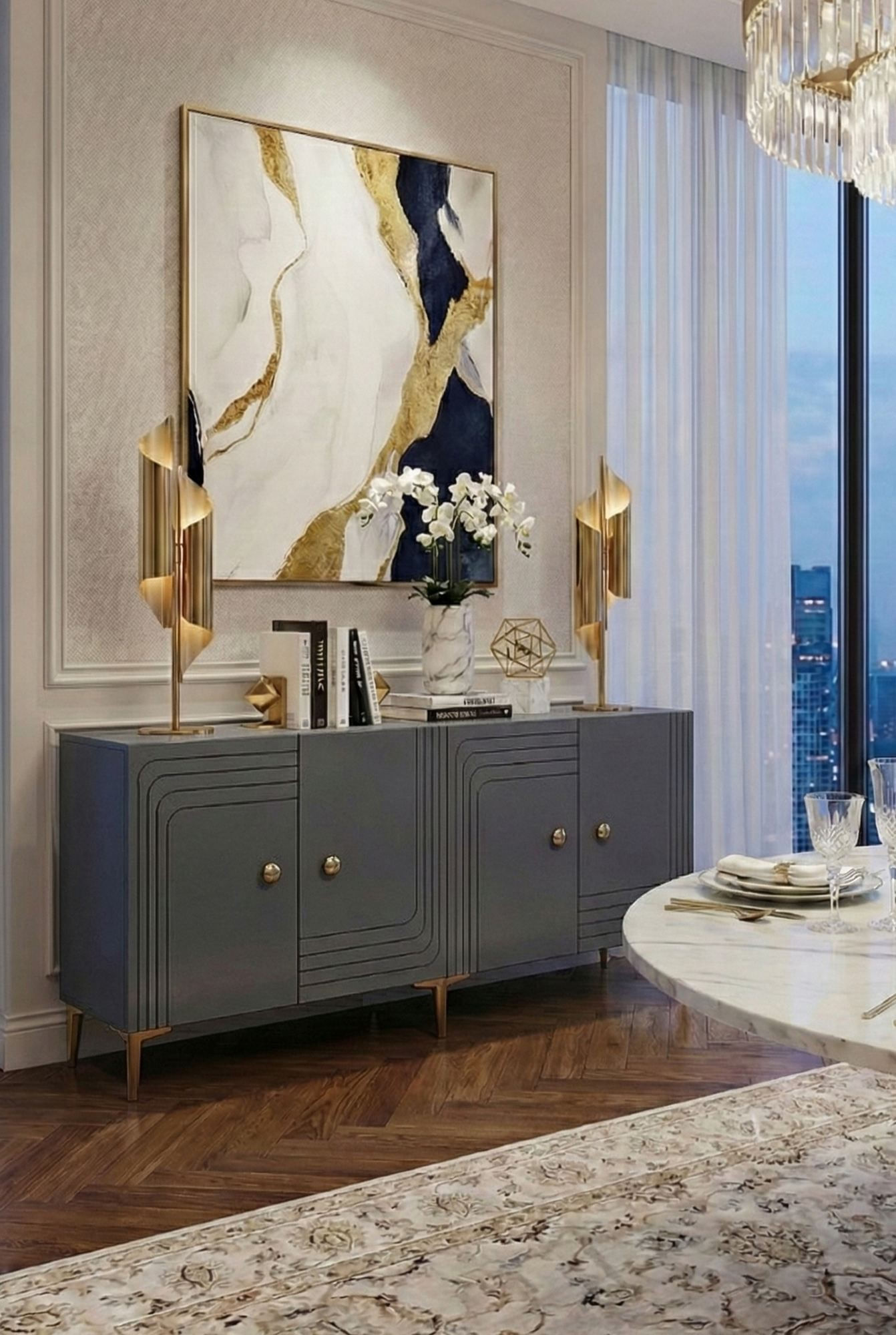 Consola Lessi 150, 150 x 75 x 32 cm, antracit auriu, PAL melaminat, spatiu de depozitare, fixare pe perete, antracit / gold — imaginea 9