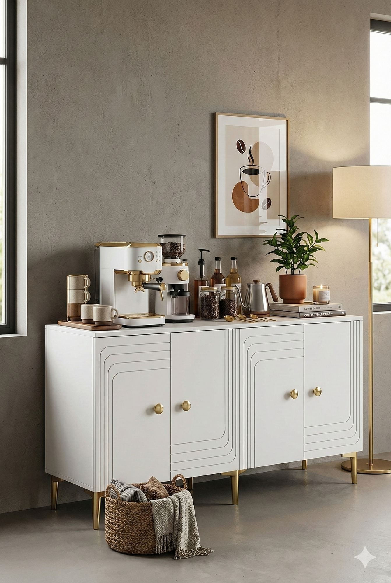 Consola Lessi 150, 150 x 75 x 32 cm, alb auriu, PAL melaminat, spatiu de depozitare, fixare pe perete, alb / gold — imaginea 4
