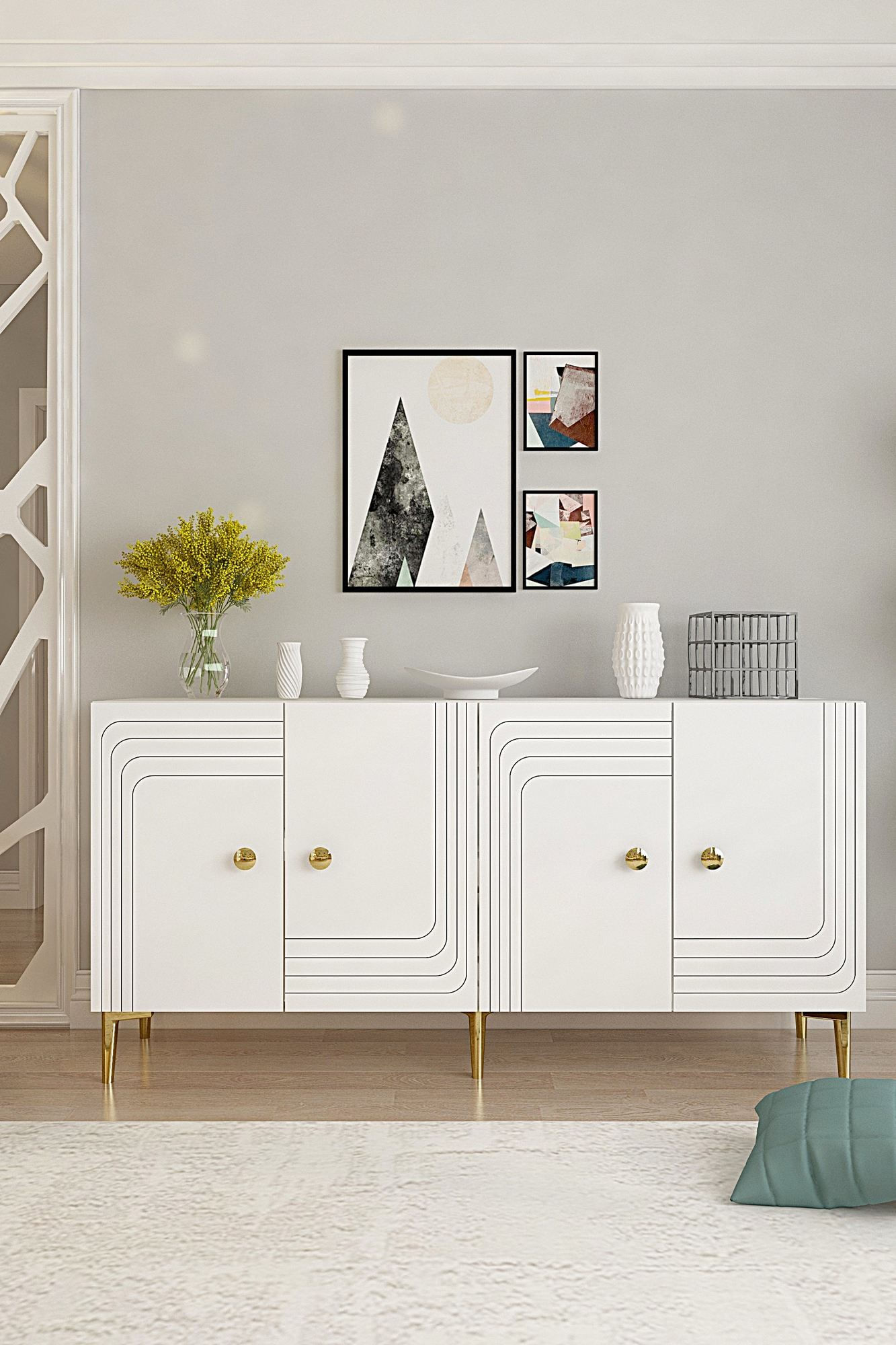 Consola Lessi 150, 150 x 75 x 32 cm, alb auriu, PAL melaminat, spatiu de depozitare, fixare pe perete, alb / gold — imaginea 7