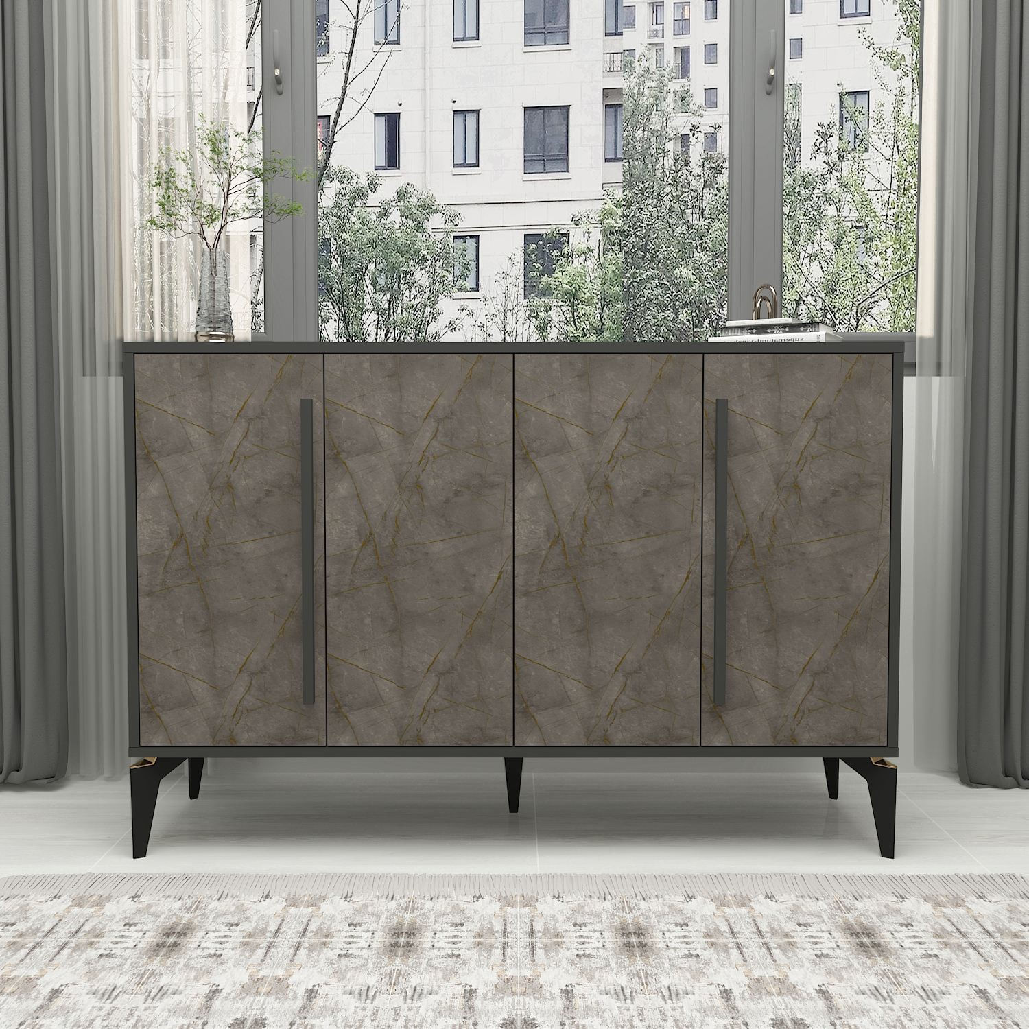 Consola Majoır, 140 x 95 x 35,3 cm, gordion marmura antracit, PAL melaminat — imaginea 4