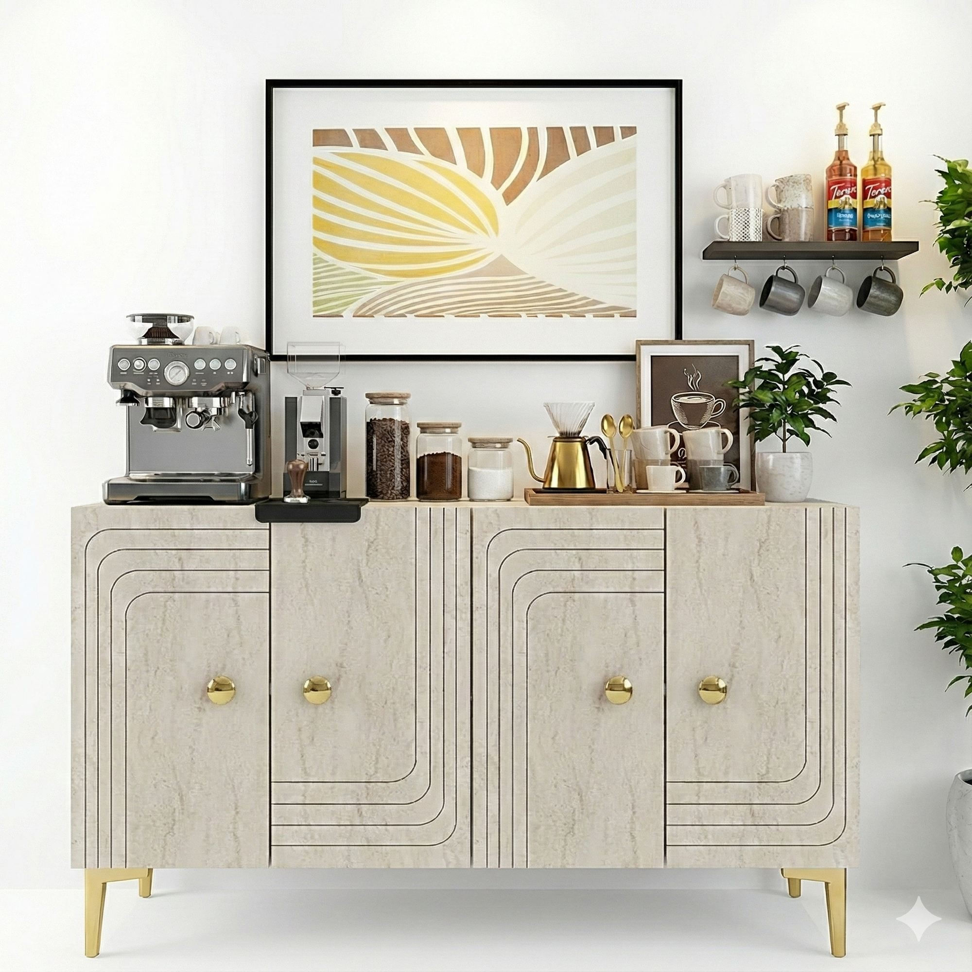 Consola Lessi 120, 120 x 75 x 32 cm, alb travertin auriu, PAL melaminat, spatiu de depozitare, fixare pe perete, alb / travertin / gold — imaginea 7