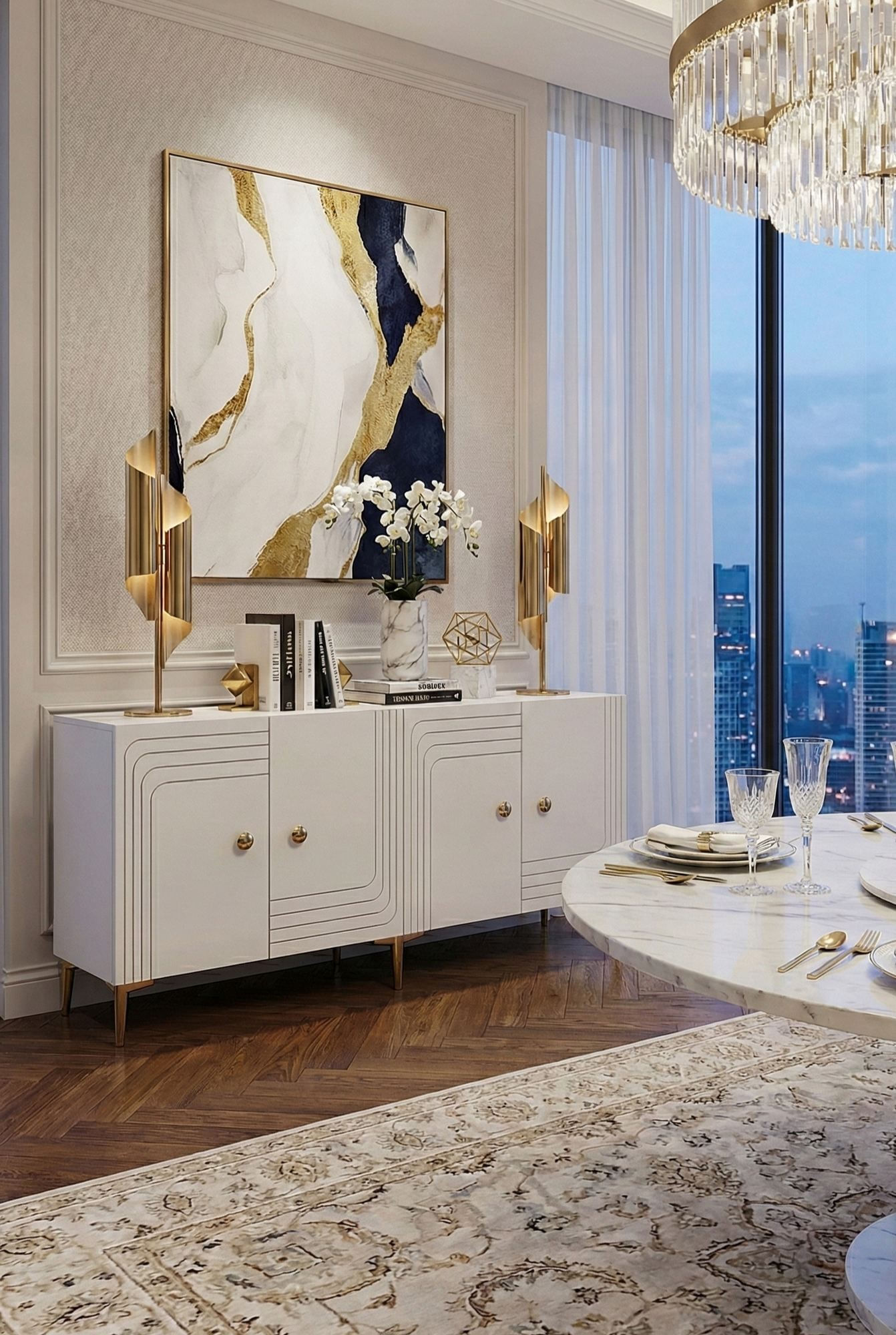 Consola Lessi 150, 150 x 75 x 32 cm, alb auriu, PAL melaminat, spatiu de depozitare, fixare pe perete, alb / gold — imaginea 9