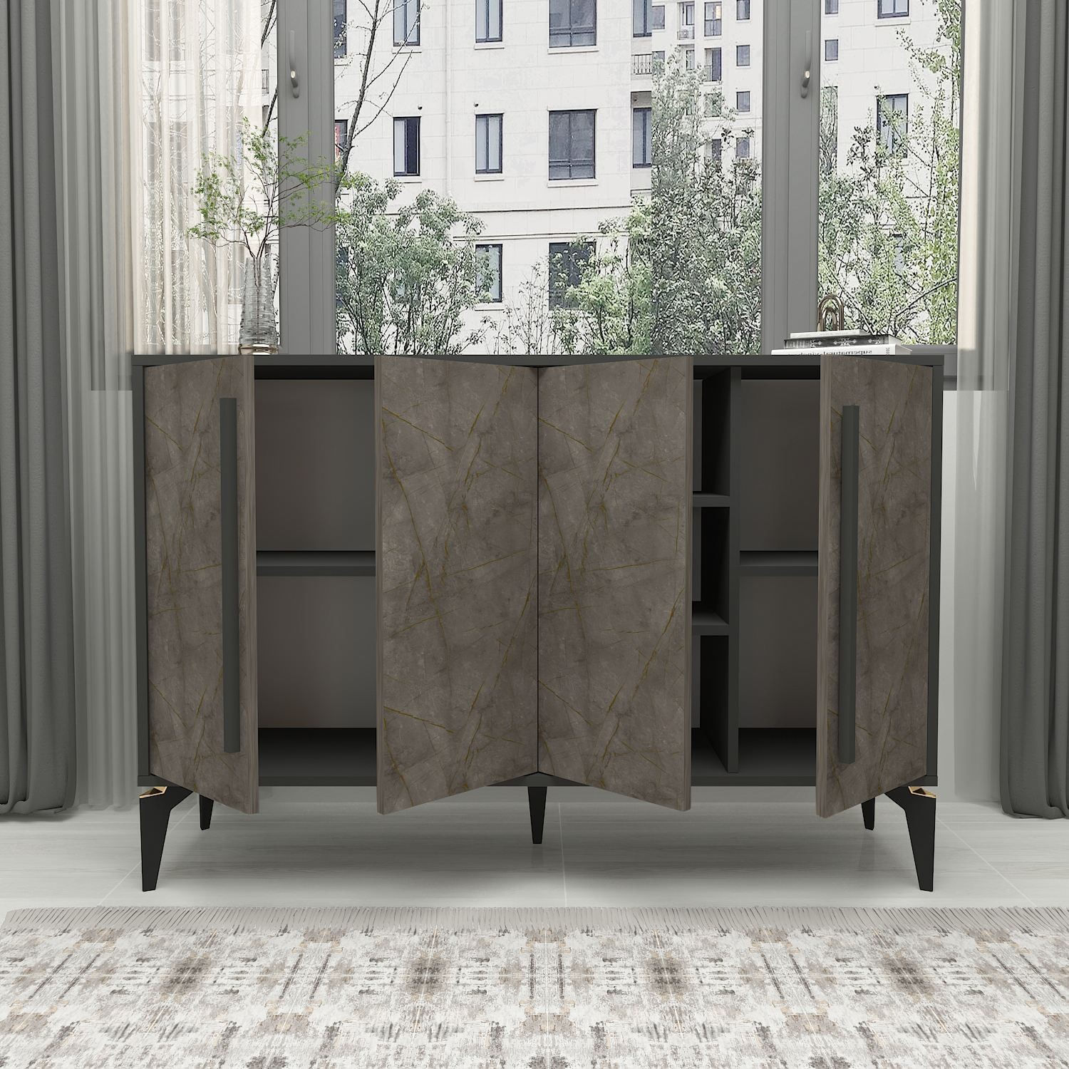 Consola Majoır, 140 x 95 x 35,3 cm, gordion marmura antracit, PAL melaminat — imaginea 5