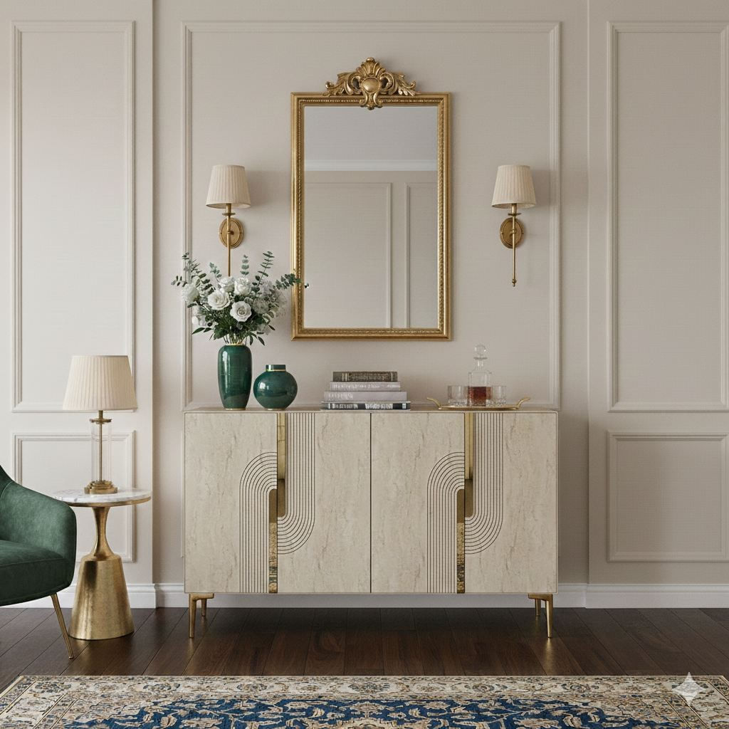 Consola Meyra 120, 120 x 75 x 32 cm, alb travertiine auriu, PAL melaminat, spatiu de depozitare, fixare pe perete, alb / travertiine / gold — imaginea 2