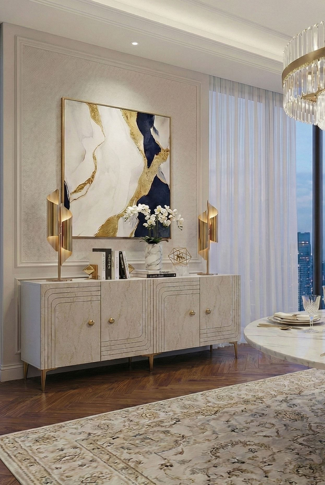 Consola Lessi 150, 150 x 75 x 32 cm, alb travertin auriu, PAL melaminat, spatiu de depozitare, fixare pe perete, alb / travertin / gold — imaginea 5