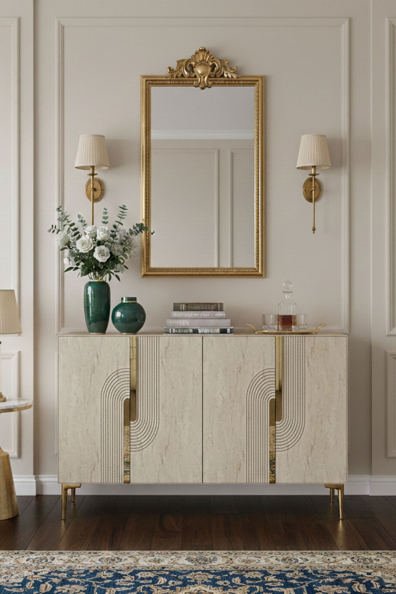 Consola Meyra 120, 120 x 75 x 32 cm, alb travertiine auriu, PAL melaminat, spatiu de depozitare, fixare pe perete, alb / travertiine / gold — imaginea 4