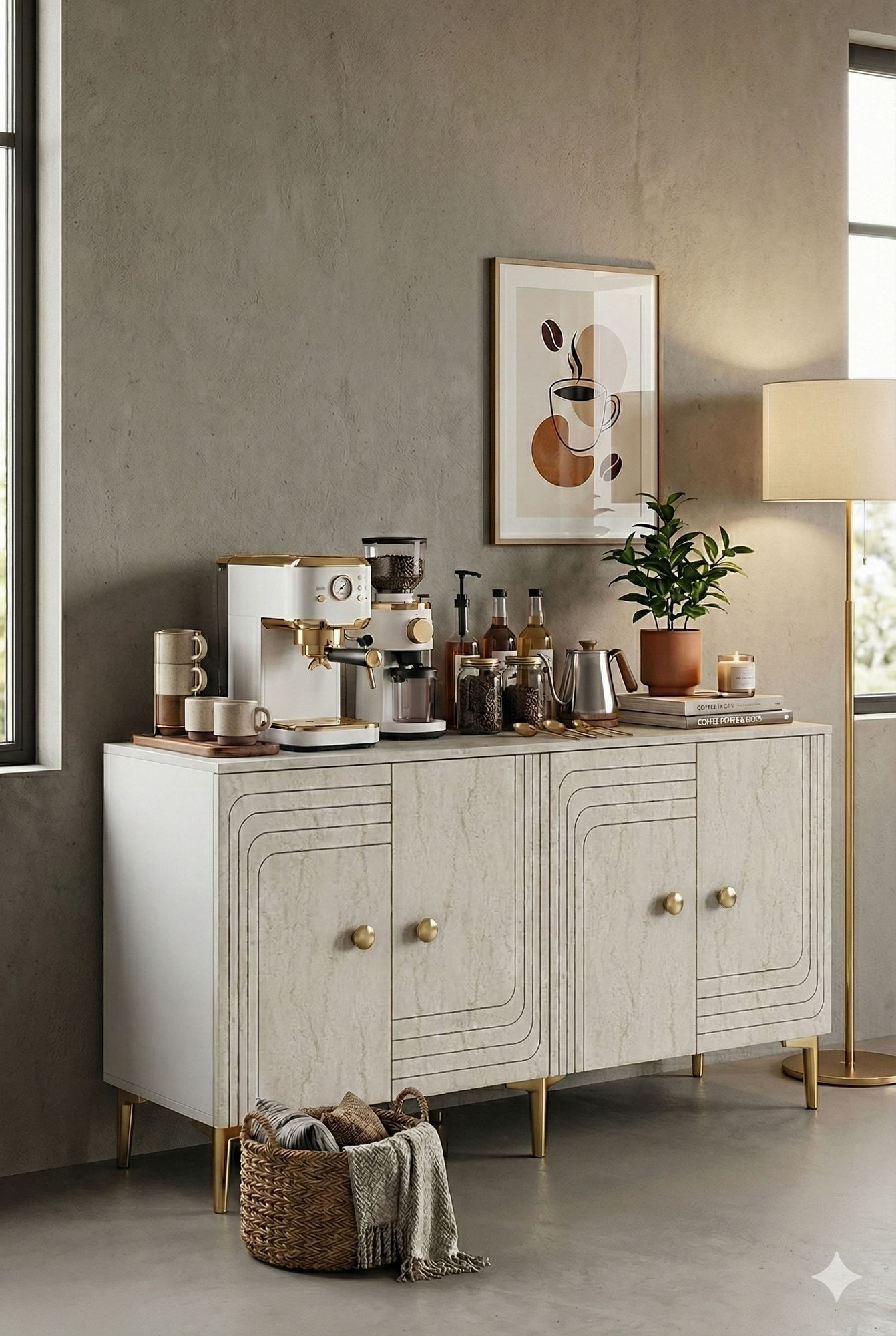 Consola Lessi 150, 150 x 75 x 32 cm, alb travertin auriu, PAL melaminat, spatiu de depozitare, fixare pe perete, alb / travertin / gold — imaginea 7