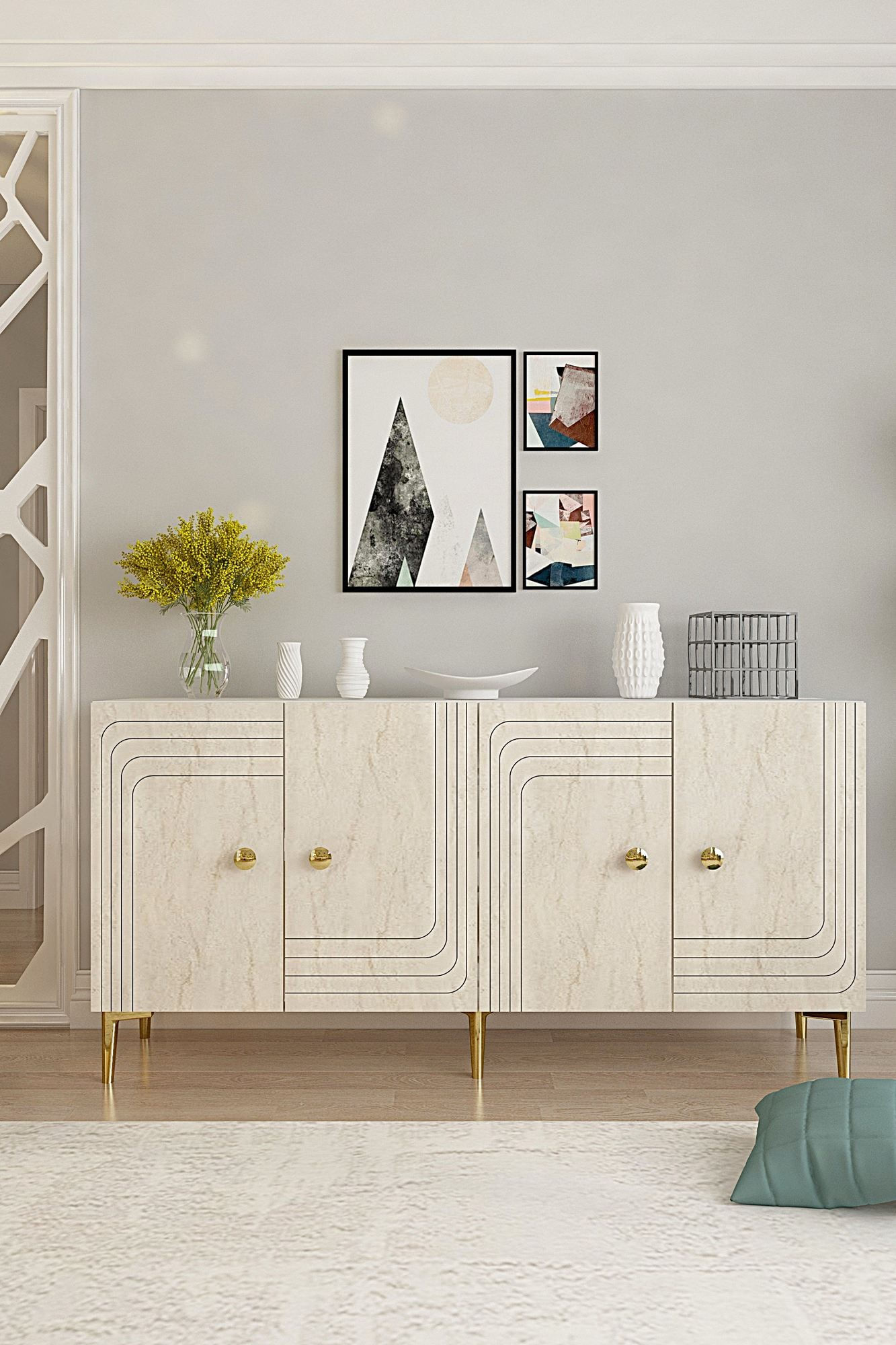 Consola Lessi 150, 150 x 75 x 32 cm, alb travertin auriu, PAL melaminat, spatiu de depozitare, fixare pe perete, alb / travertin / gold — imaginea 8