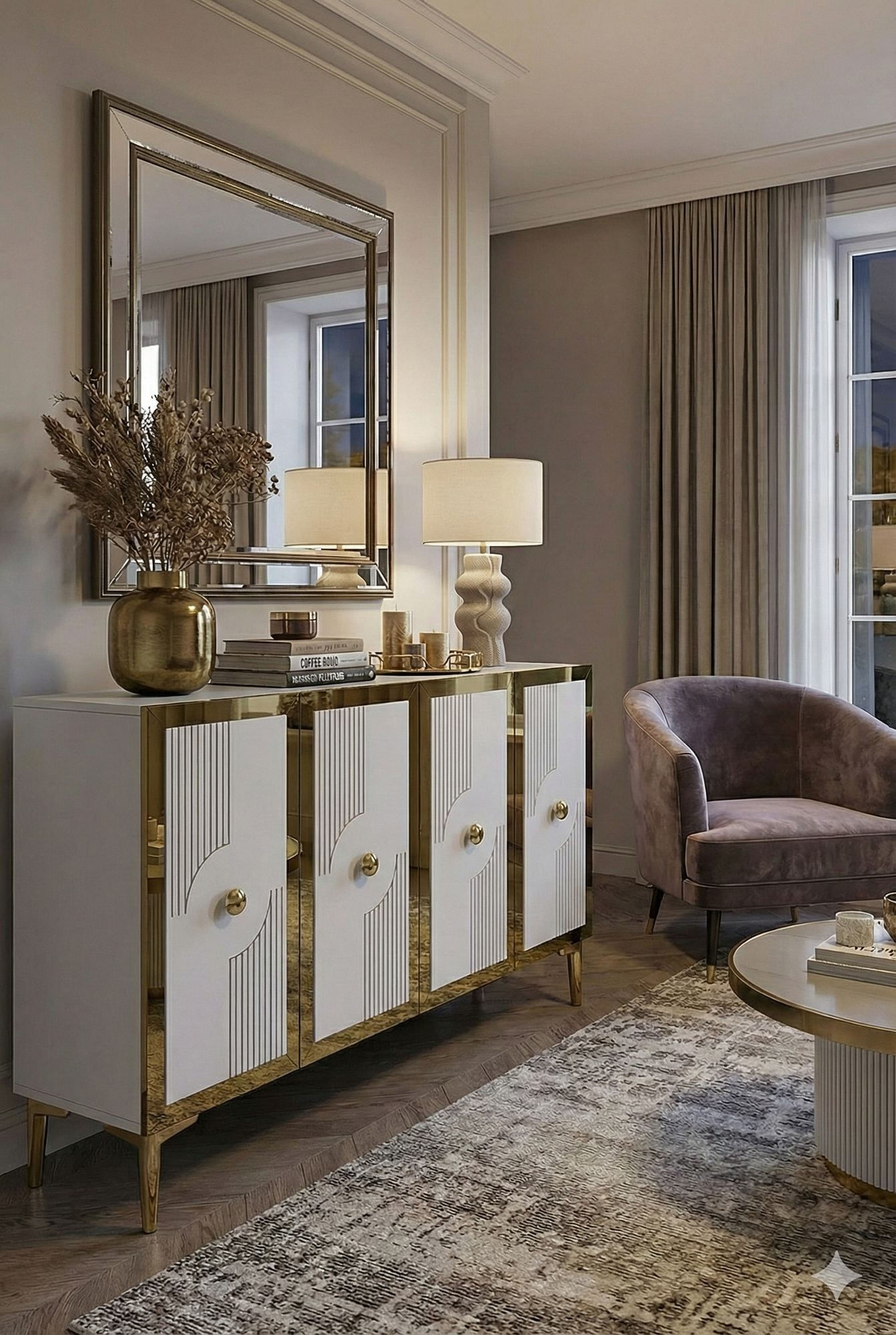 Consola Pega 120, 120 x 79 x 32 cm, alb auriu, PAL melaminat, spatiu de depozitare, fixare pe perete, alb / gold — imaginea 7