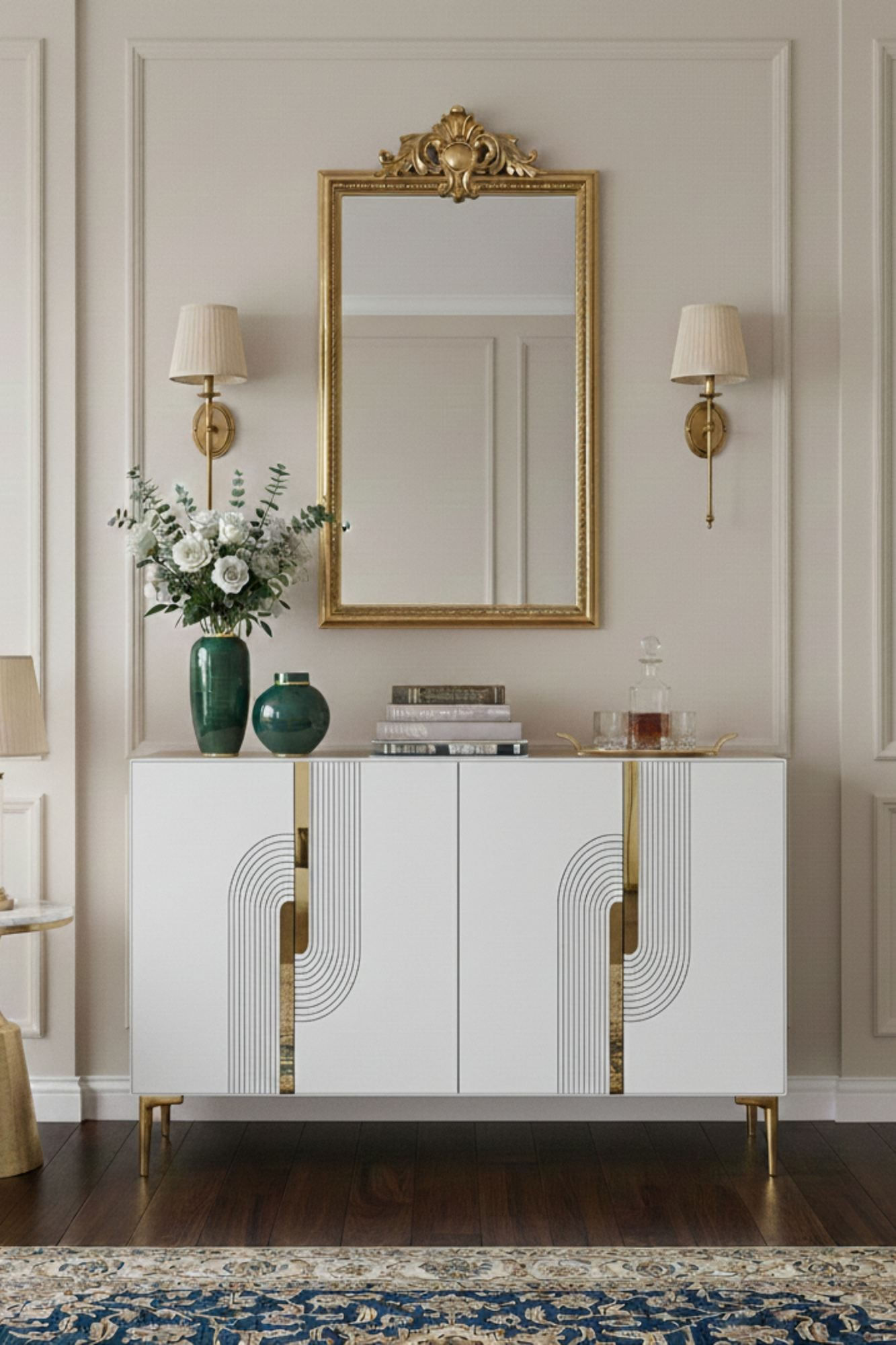 Consola Meyra 120, 120 x 75 x 32 cm, alb auriu, PAL melaminat, spatiu de depozitare, fixare pe perete, alb / gold — imaginea 2