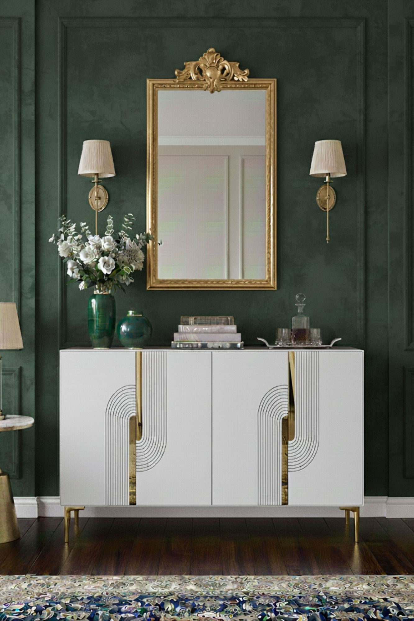 Consola Meyra 120, 120 x 75 x 32 cm, alb auriu, PAL melaminat, spatiu de depozitare, fixare pe perete, alb / gold — imaginea 4