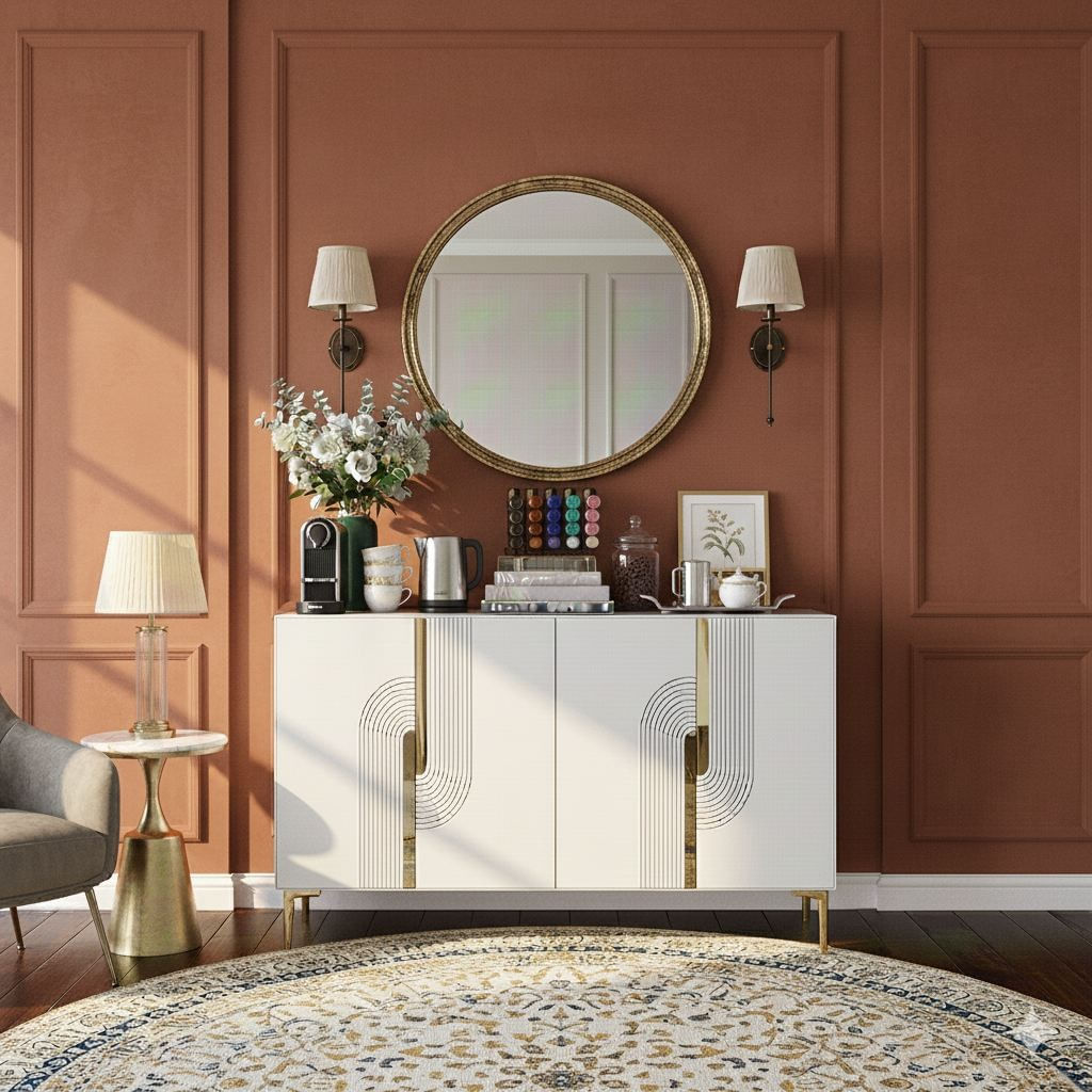 Consola Meyra 120, 120 x 75 x 32 cm, alb auriu, PAL melaminat, spatiu de depozitare, fixare pe perete, alb / gold — imaginea 7
