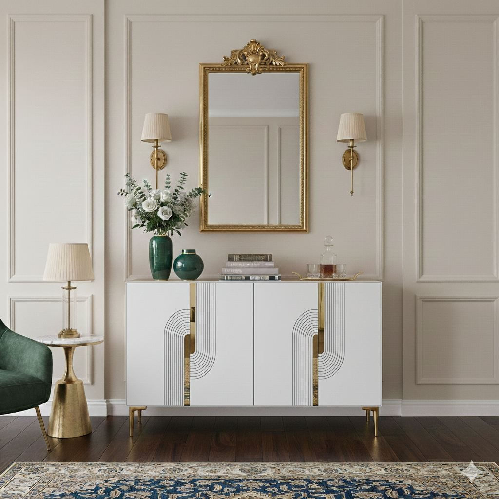 Consola Meyra 120, 120 x 75 x 32 cm, alb auriu, PAL melaminat, spatiu de depozitare, fixare pe perete, alb / gold — imaginea 9