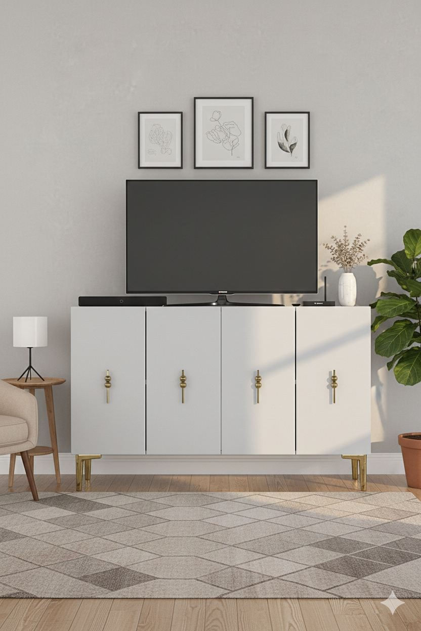 Consola Salkım 120, 120 x 79 x 32 cm, alb auriu, PAL melaminat, spatiu de depozitare, fixare pe perete, alb / gold — imaginea 4