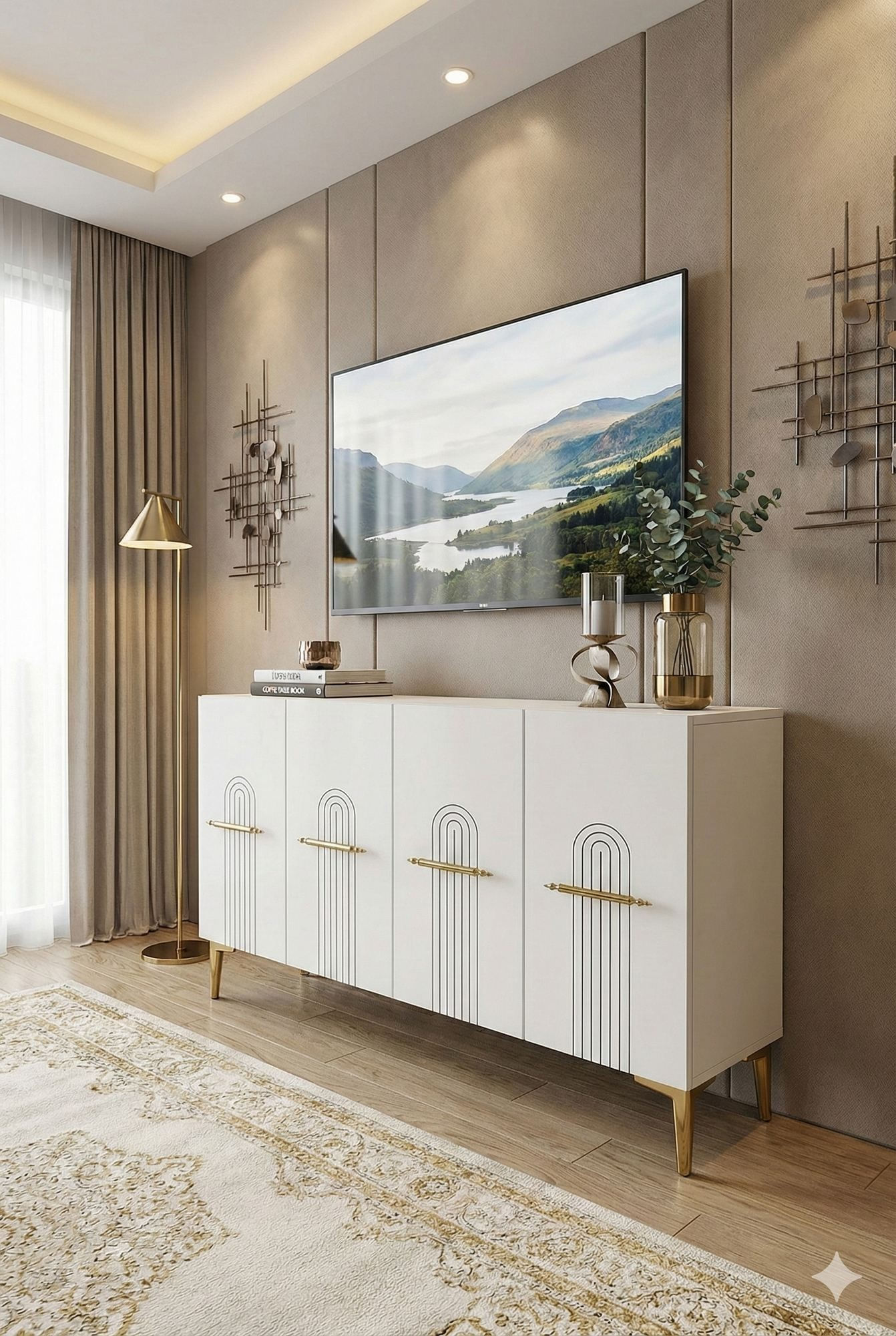 Consola Ida 120, 120 x 79 x 32 cm, alb auriu, PAL melaminat, spatiu de depozitare, fixare pe perete, alb / gold — imaginea 3