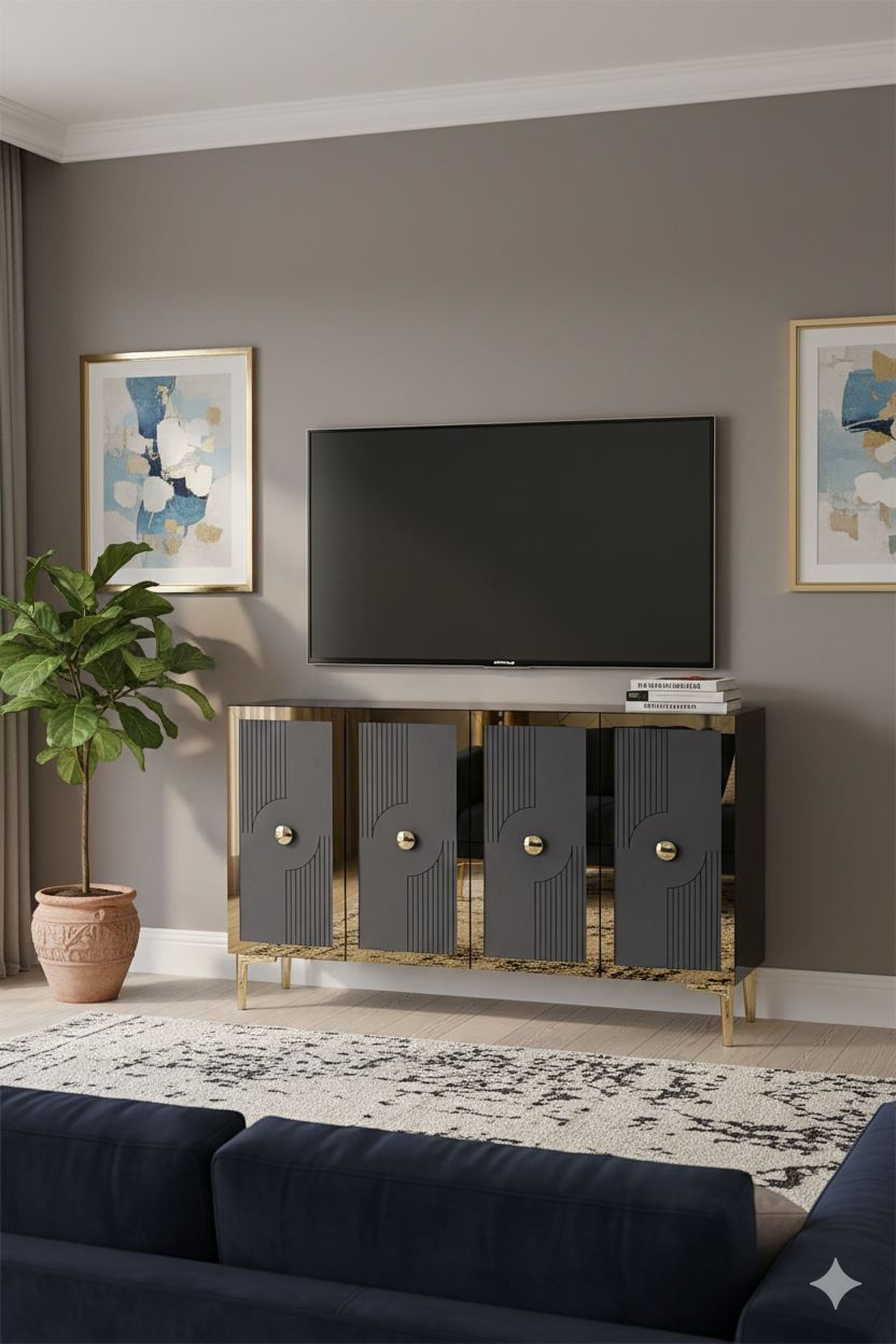 Consola Pega 120, 120 x 79 x 32 cm, antracit auriu, PAL melaminat, spatiu de depozitare, fixare pe perete, antracit / gold — imaginea 2
