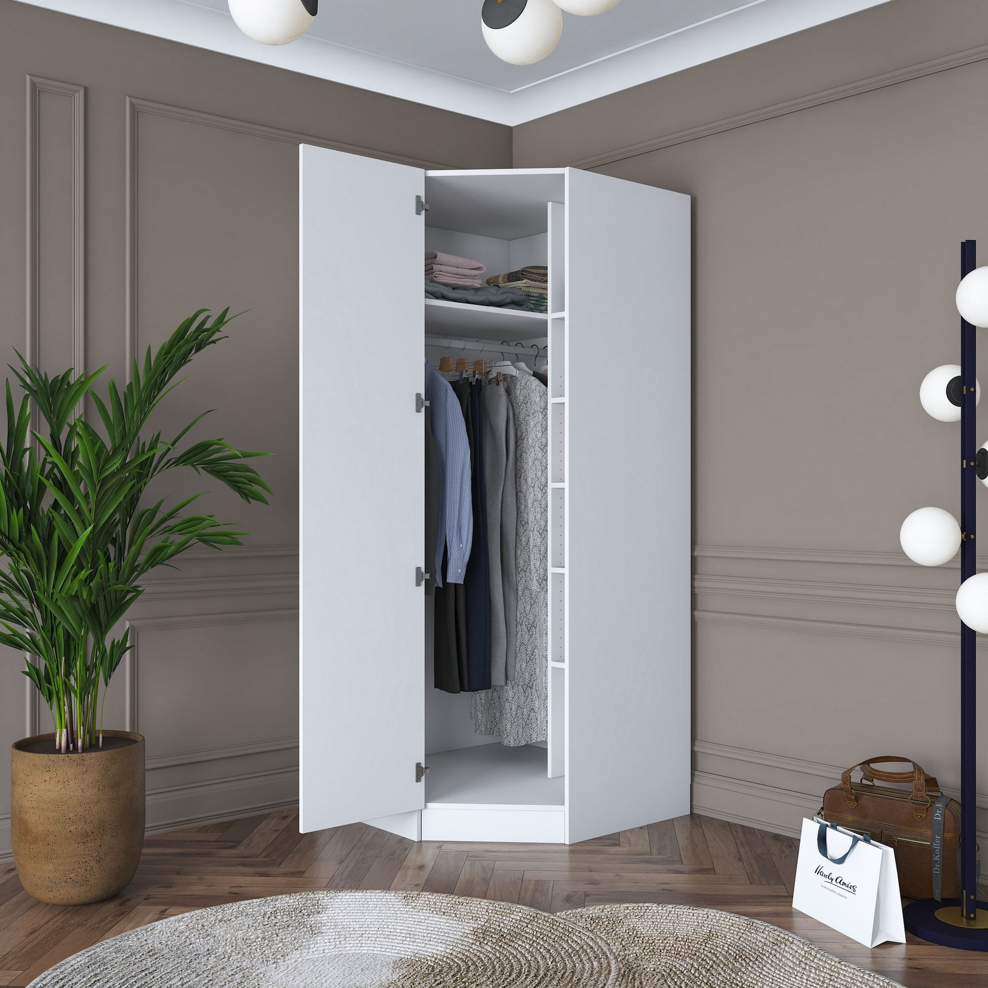 Dulap haine BA140, 91 x 210 x 57,5 cm, alb, PAL, spatiu de depozitare, fixare pe perete — imaginea 3