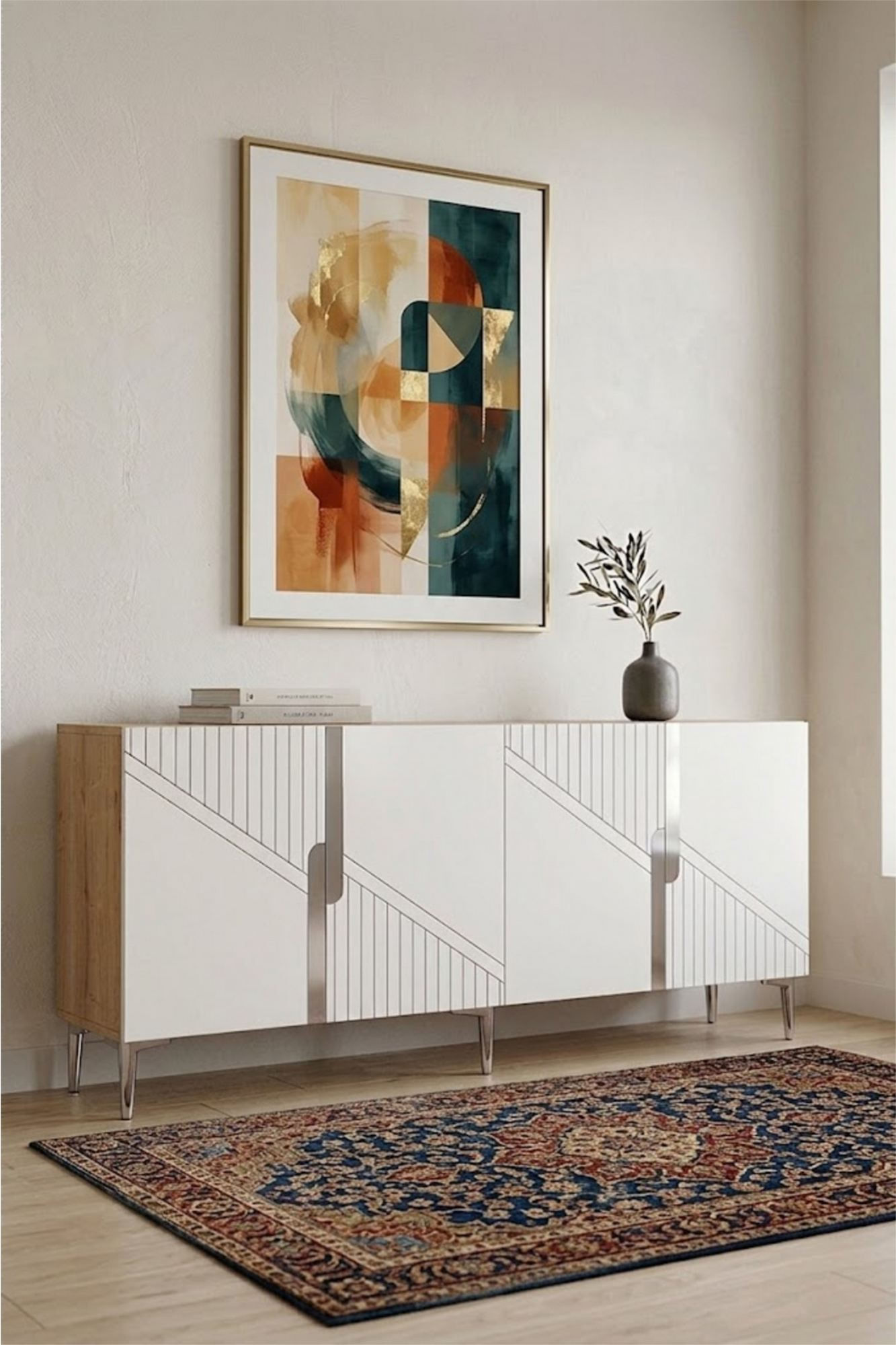 Consola Evva 150, 150 x 75 x 32 cm, stejar safir alb argintiu, PAL melaminat, oglinda inclusa, safir stejar / alb / silver — imaginea 7