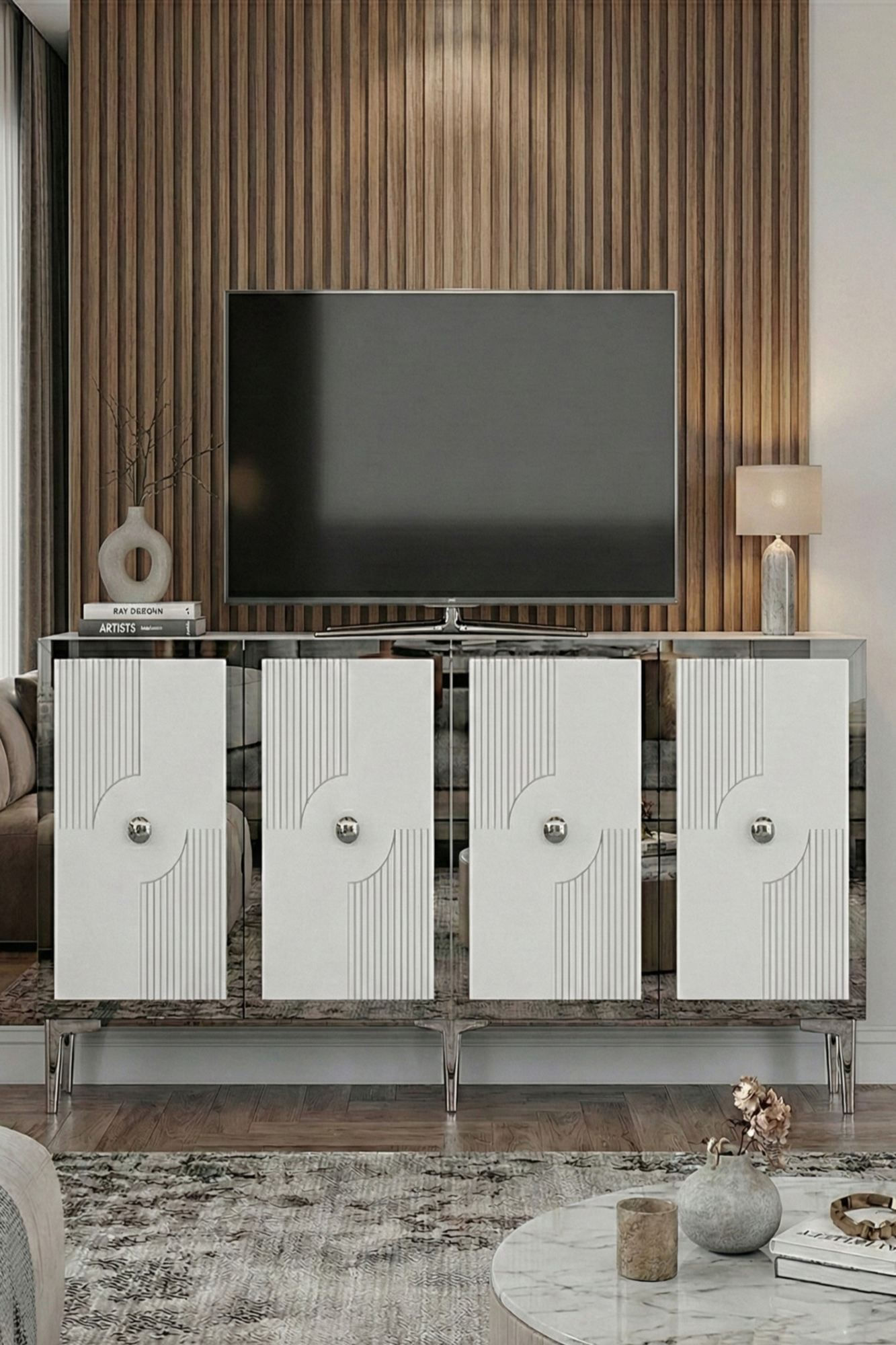 Consola Pega 150, 125 x 75 x 32 cm, alb argintiu, PAL melaminat, oglinda inclusa, alb / silver — imaginea 7