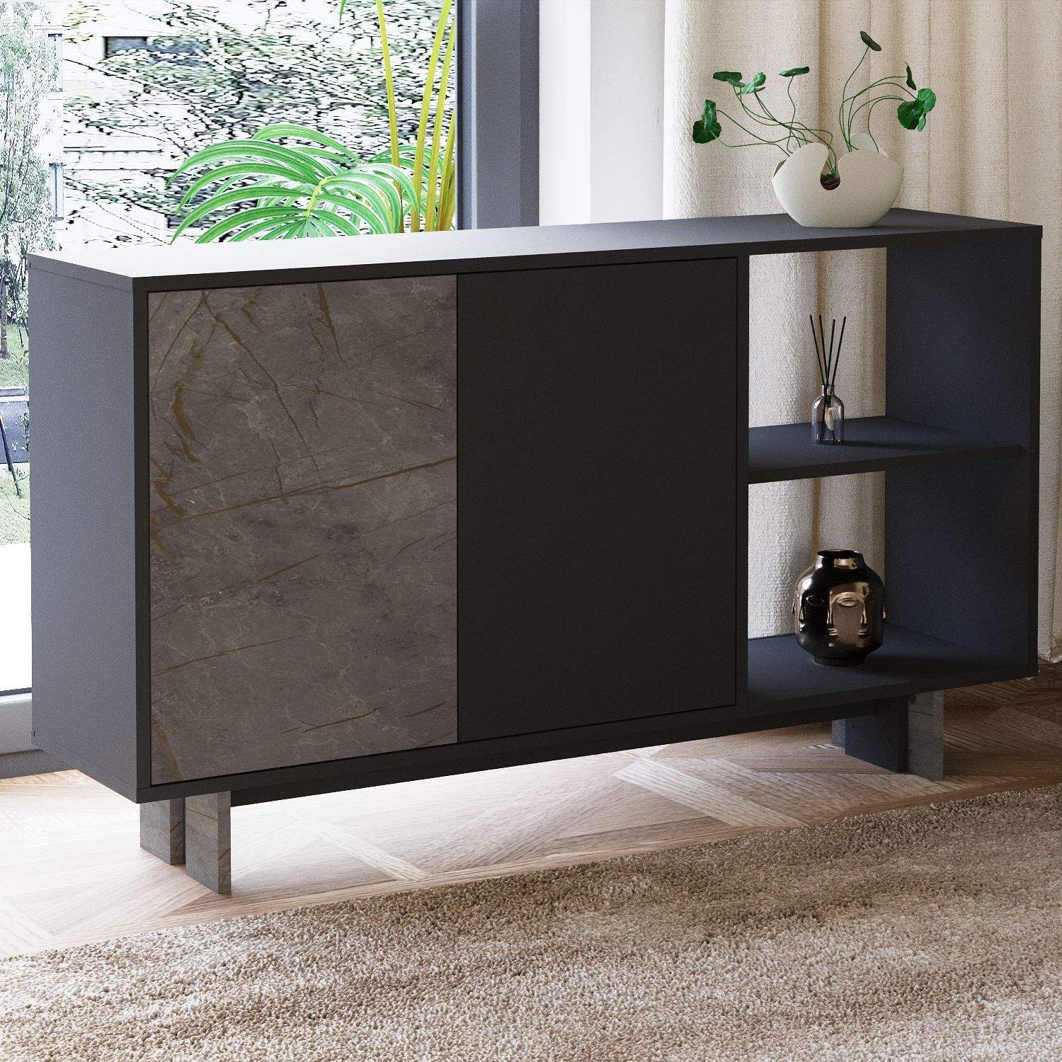 Consola Ravello, 140 x 80 x 35 cm, marmura antracit, PAL melaminat, spatiu de depozitare, fixare pe perete, marble / antracit — imaginea 3