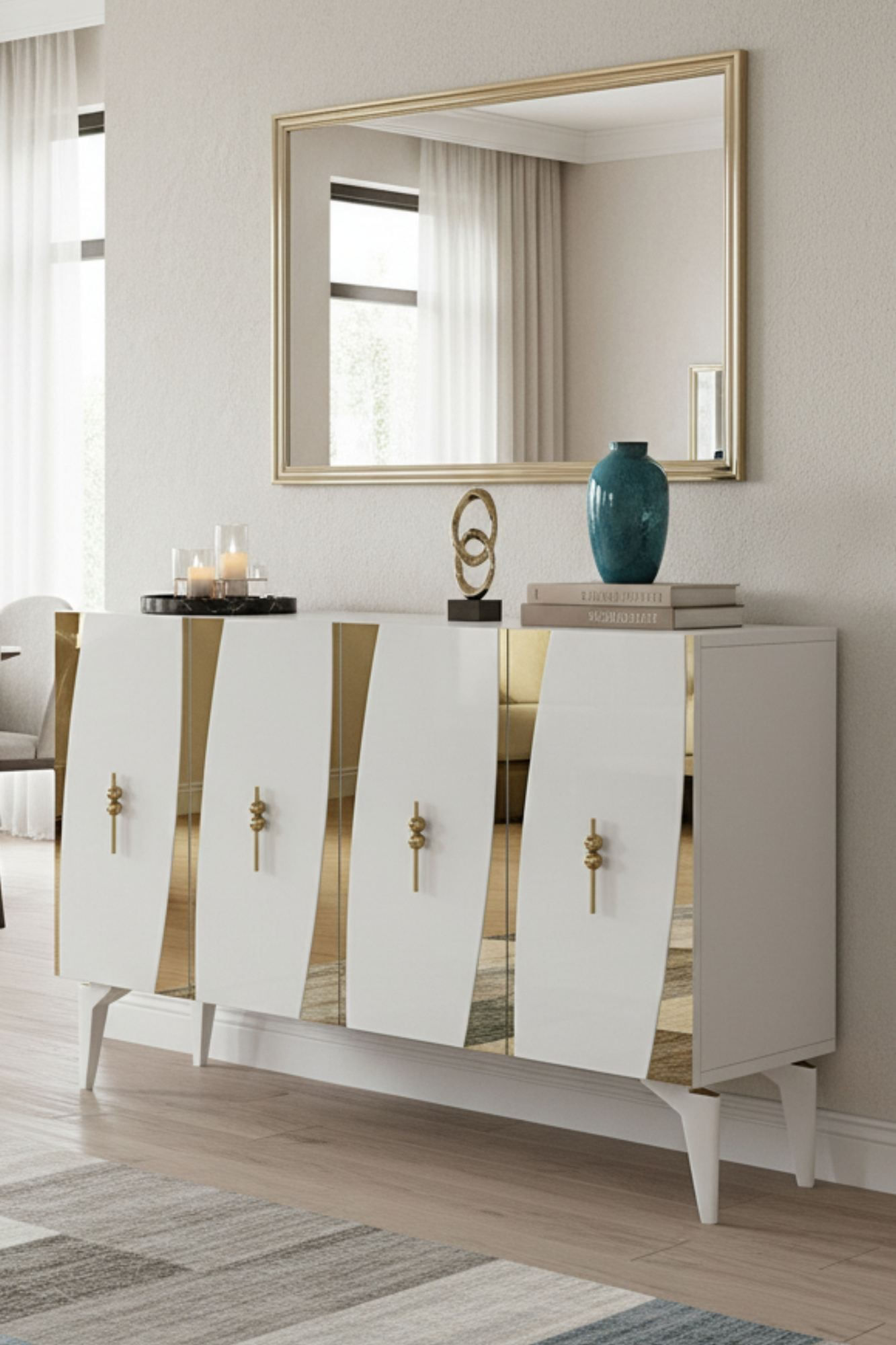 Consola Elips 120, 120 x 75 x 32 cm, alb auriu, PAL melaminat, oglinda inclusa, alb / gold — imaginea 4
