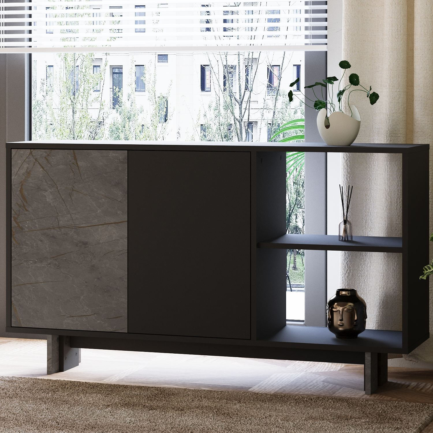 Consola Ravello, 140 x 80 x 35 cm, marmura antracit, PAL melaminat, spatiu de depozitare, fixare pe perete, marble / antracit — imaginea 4