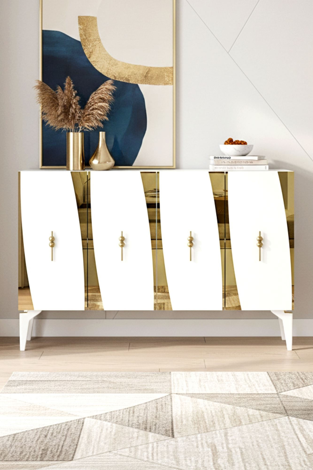 Consola Elips 120, 120 x 75 x 32 cm, alb auriu, PAL melaminat, oglinda inclusa, alb / gold — imaginea 5