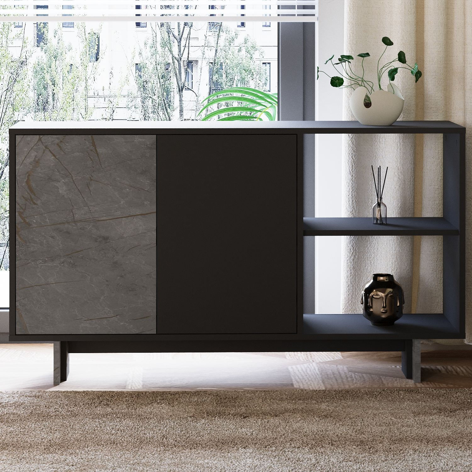 Consola Ravello, 140 x 80 x 35 cm, marmura antracit, PAL melaminat, spatiu de depozitare, fixare pe perete, marble / antracit — imaginea 5