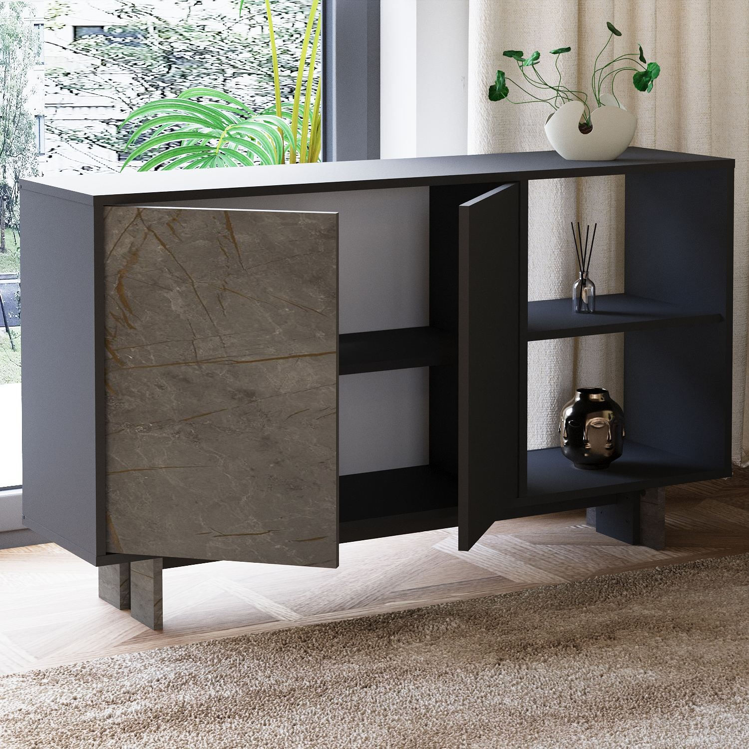 Consola Ravello, 140 x 80 x 35 cm, marmura antracit, PAL melaminat, spatiu de depozitare, fixare pe perete, marble / antracit — imaginea 6