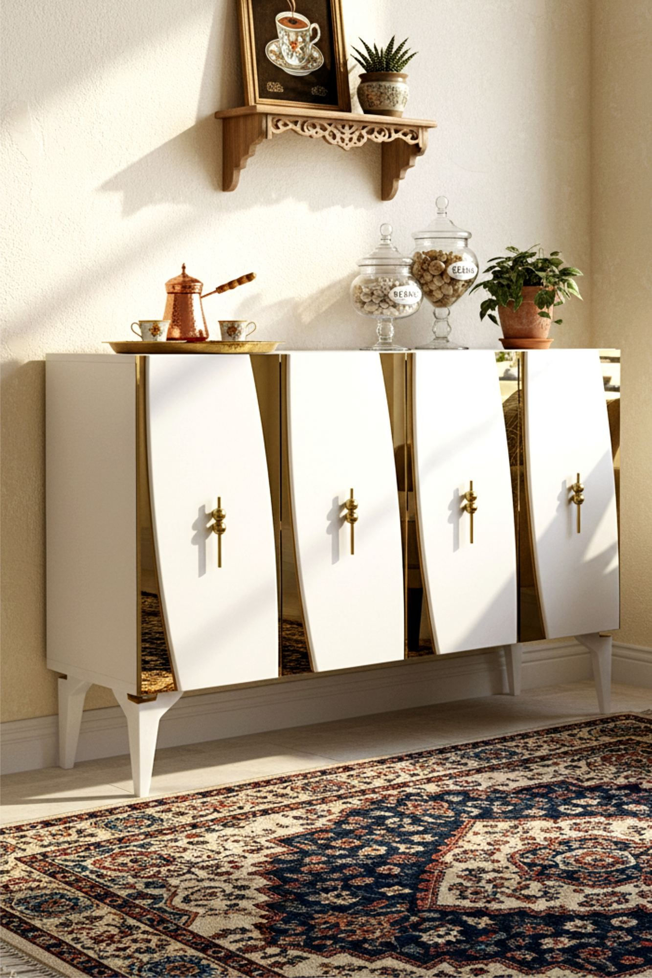 Consola Elips 120, 120 x 75 x 32 cm, alb auriu, PAL melaminat, oglinda inclusa, alb / gold — imaginea 7