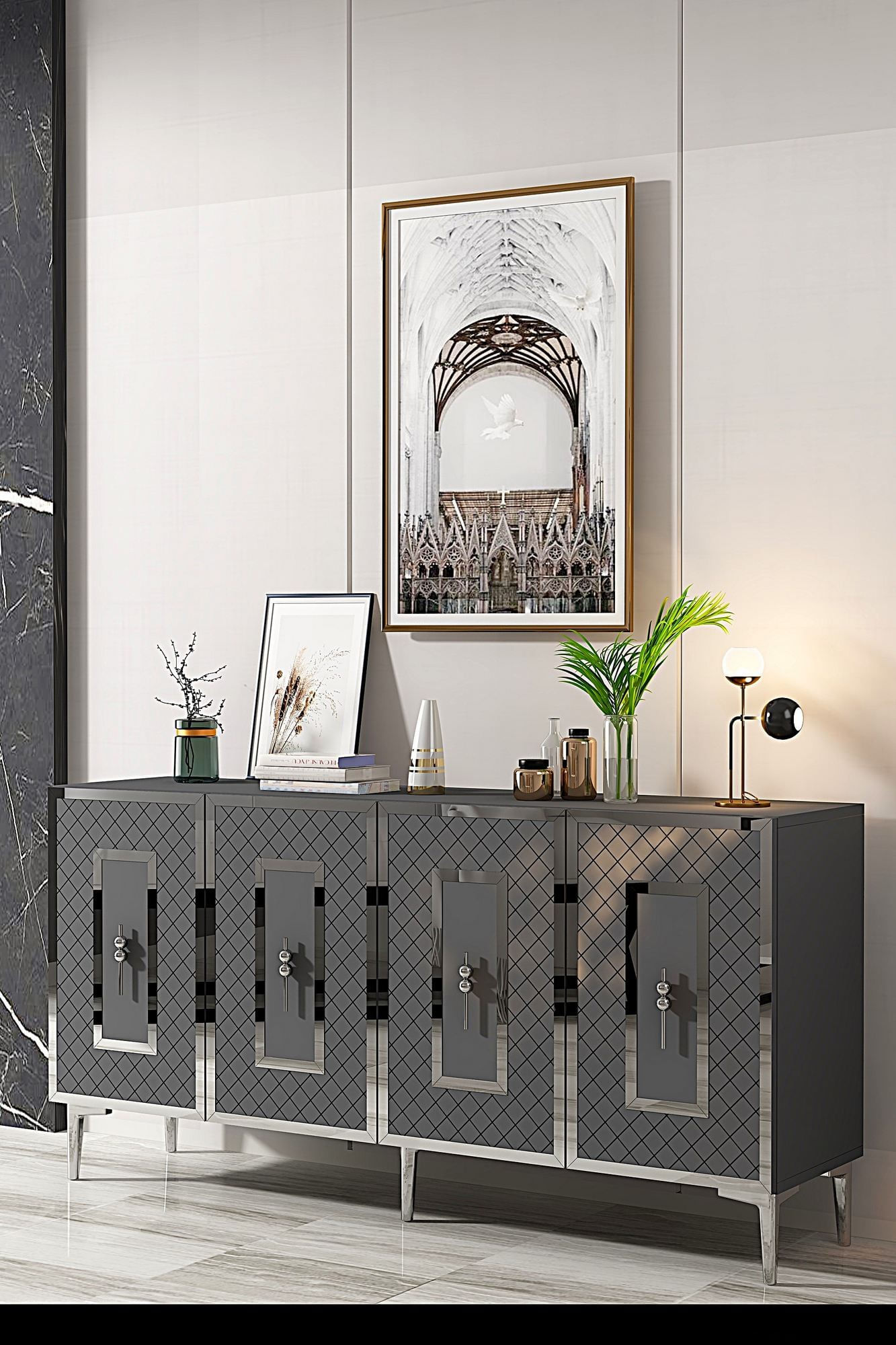 Consola Puma 150, 150 x 75 x 32 cm, antracit argintiu, PAL melaminat, spatiu de depozitare, fixare pe perete, antracit / silver — imaginea 3