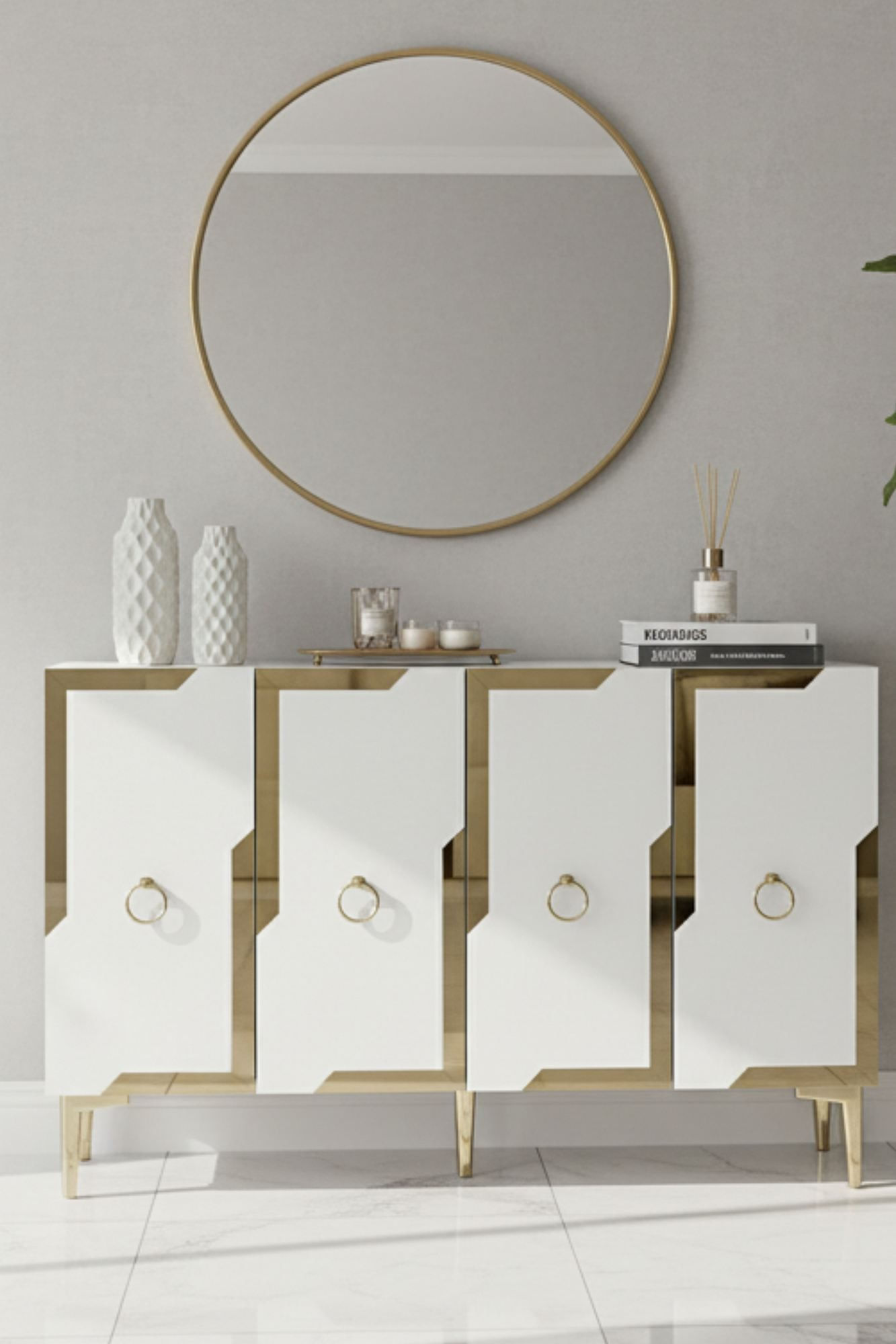 Consola Seza 120, 120 x 75 x 32 cm, alb auriu, PAL melaminat, oglinda inclusa, alb / gold — imaginea 3