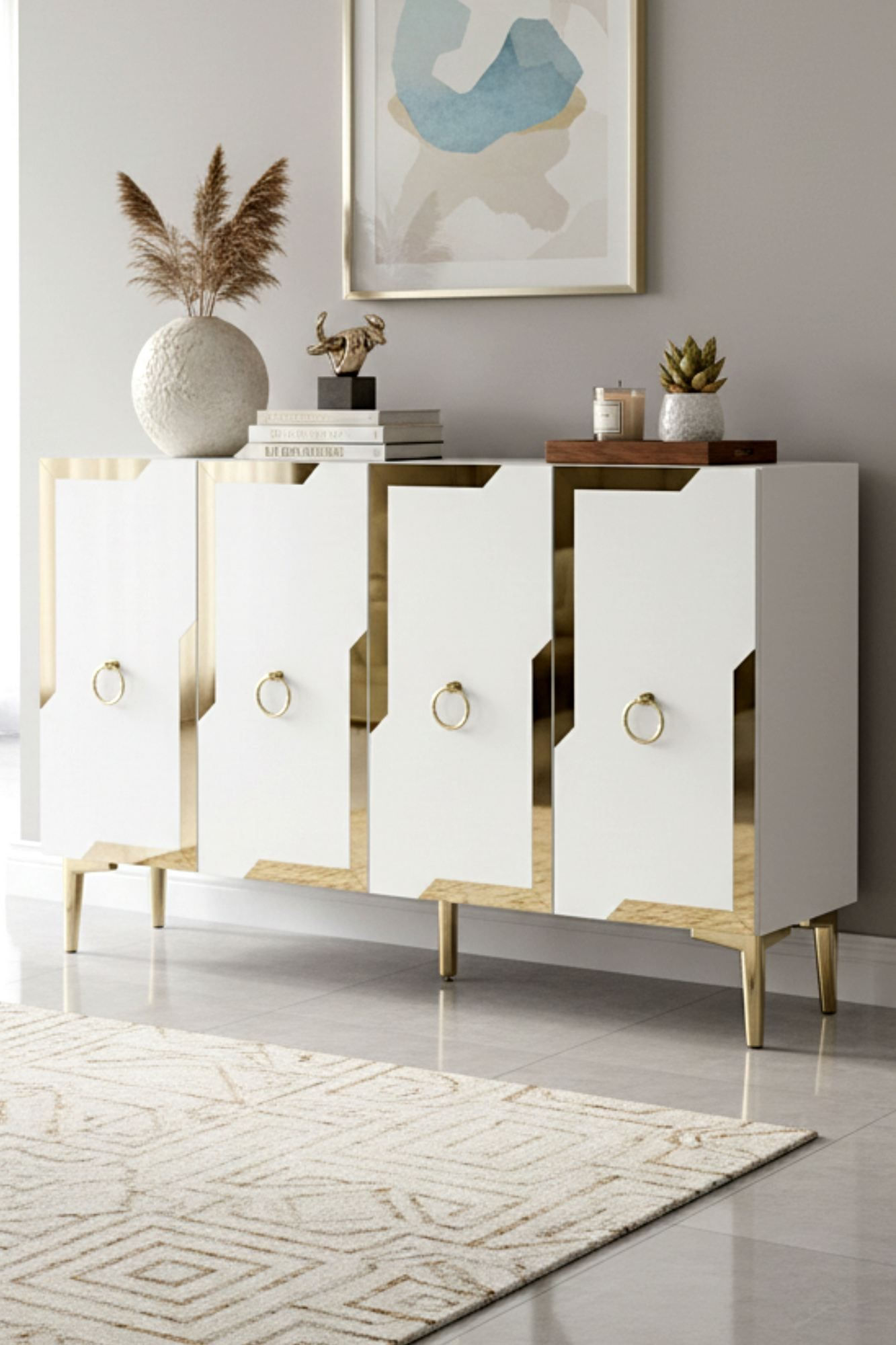 Consola Seza 120, 120 x 75 x 32 cm, alb auriu, PAL melaminat, oglinda inclusa, alb / gold — imaginea 6