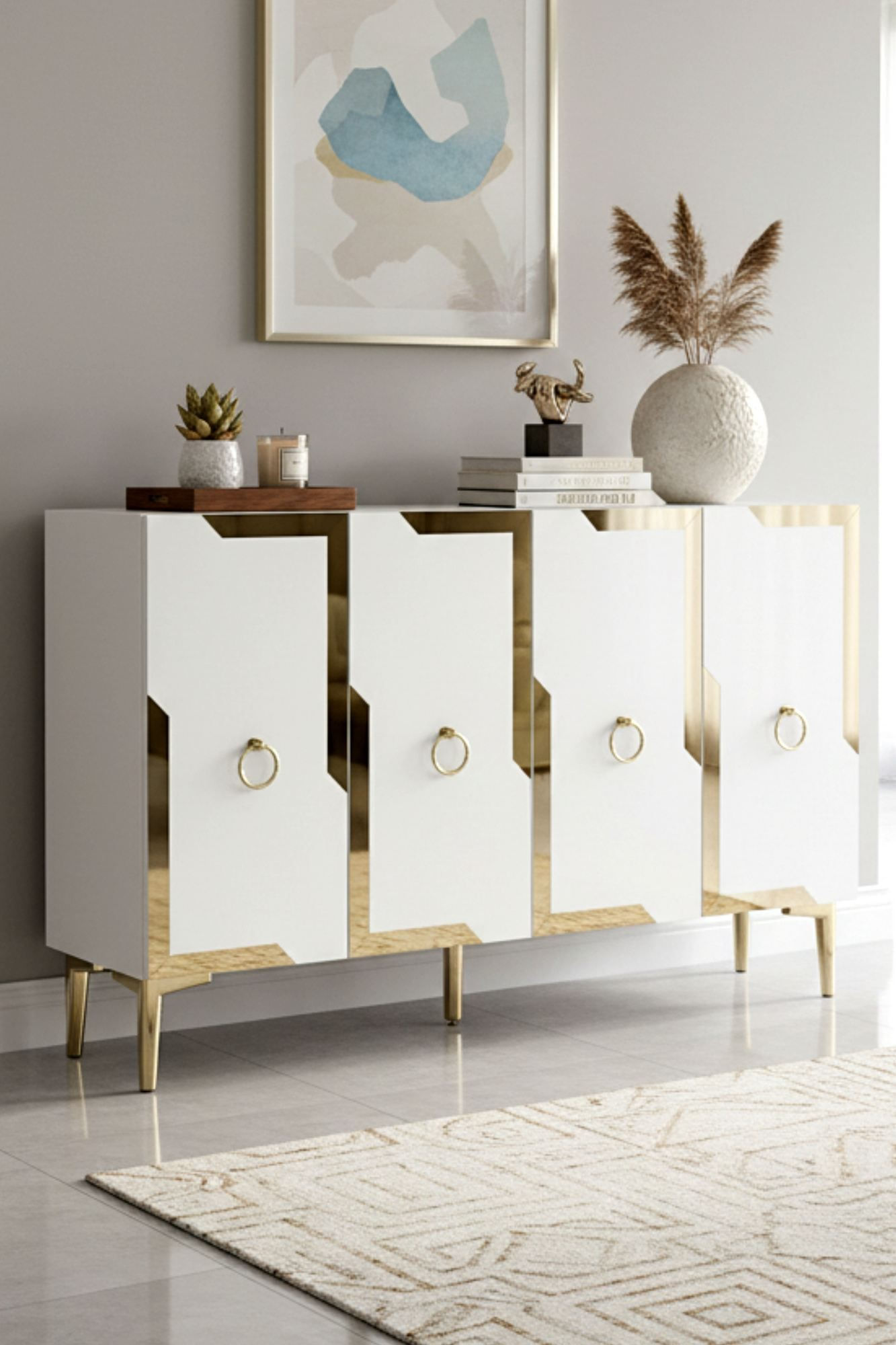 Consola Seza 120, 120 x 75 x 32 cm, alb auriu, PAL melaminat, oglinda inclusa, alb / gold — imaginea 7