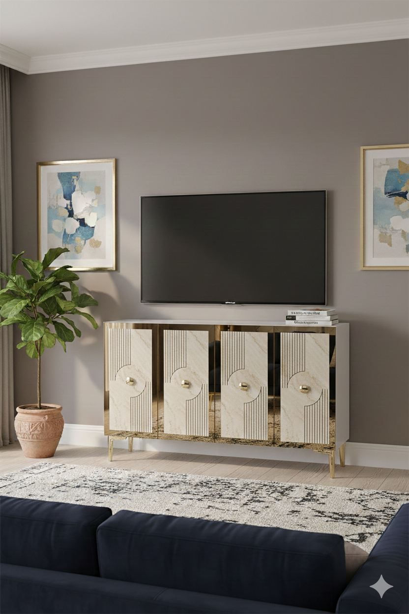 Consola Pega 120, 120 x 79 x 32 cm, alb travertin auriu, PAL melaminat, spatiu de depozitare, fixare pe perete, alb / travertin / gold — imaginea 6