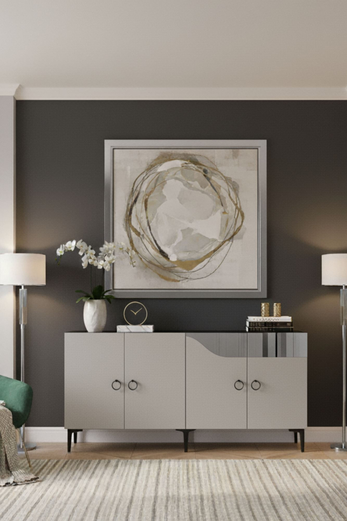 Consola Gama 150, 150 x 75 x 32 cm, alb argintiu, PAL melaminat, spatiu de depozitare, fixare pe perete, alb / silver — imaginea 5