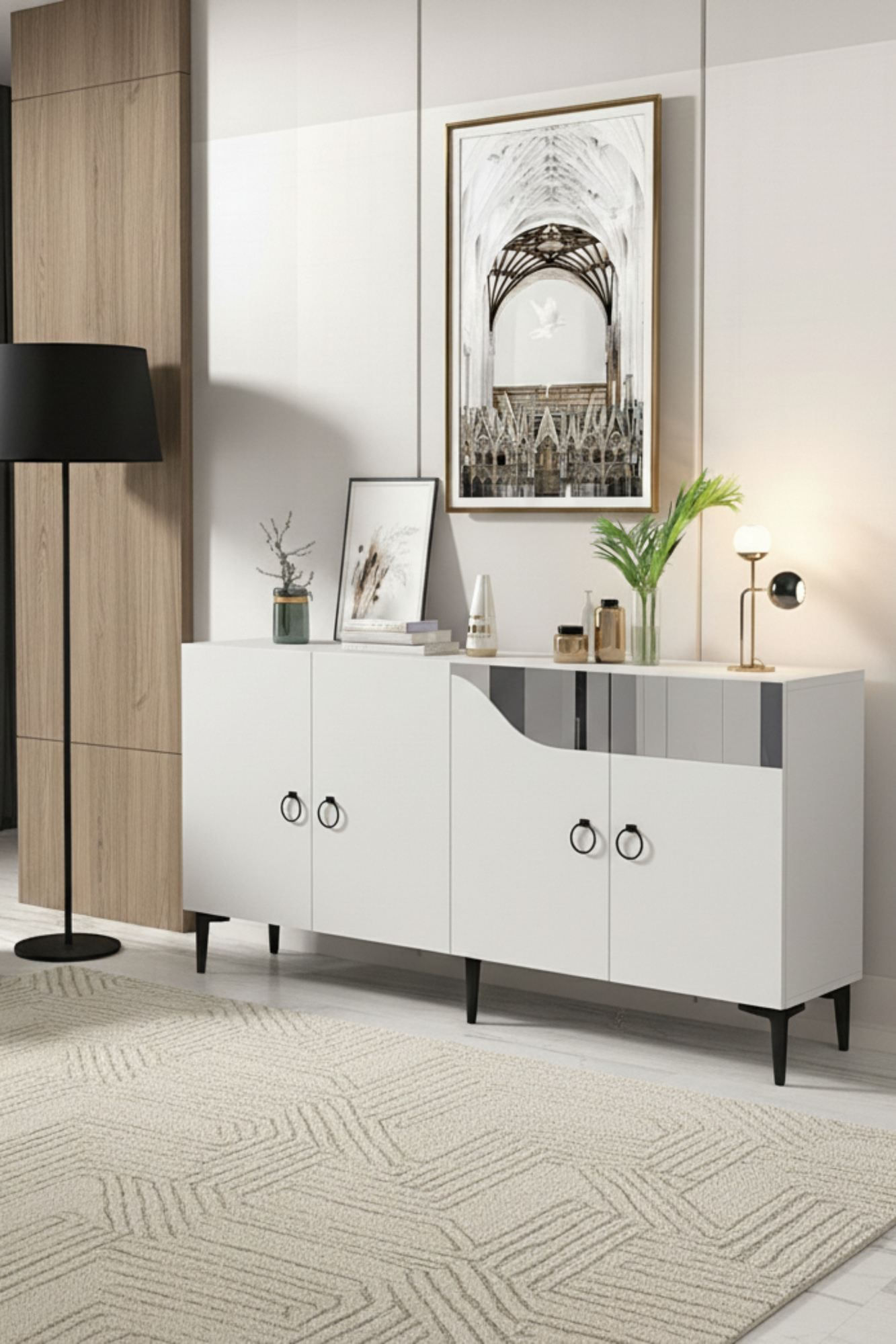 Consola Gama 150, 150 x 75 x 32 cm, alb argintiu, PAL melaminat, spatiu de depozitare, fixare pe perete, alb / silver — imaginea 6