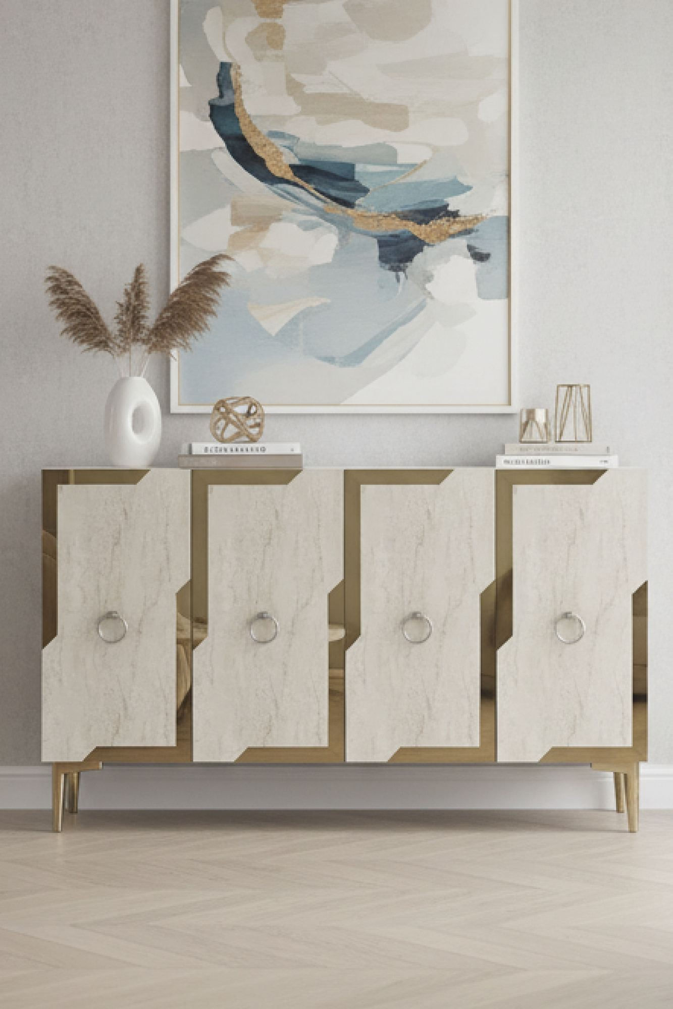 Consola Seza 120, 120 x 75 x 32 cm, alb travertin auriu, PAL melaminat, oglinda inclusa, alb / travertin / gold — imaginea 2