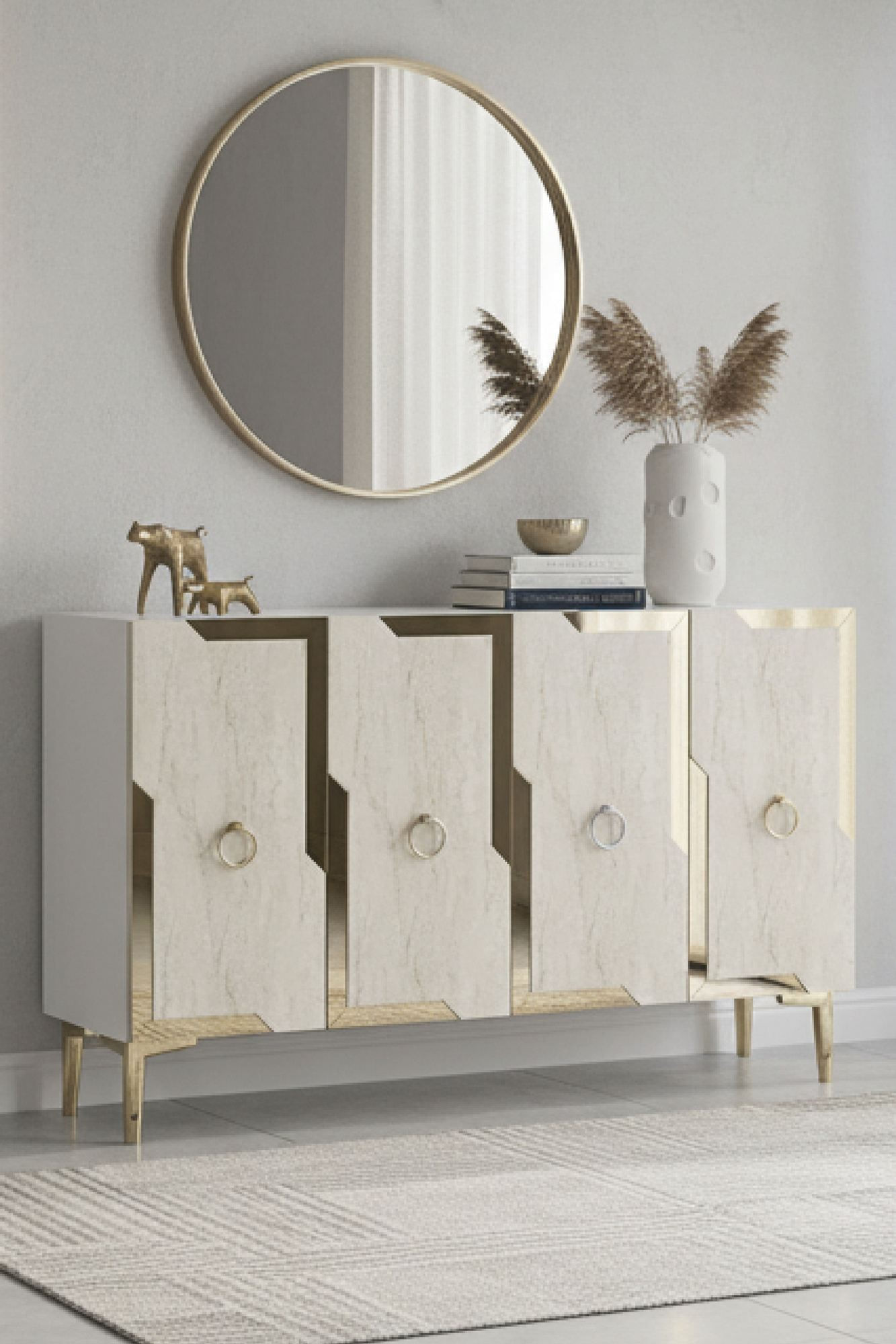Consola Seza 120, 120 x 75 x 32 cm, alb travertin auriu, PAL melaminat, oglinda inclusa, alb / travertin / gold — imaginea 5