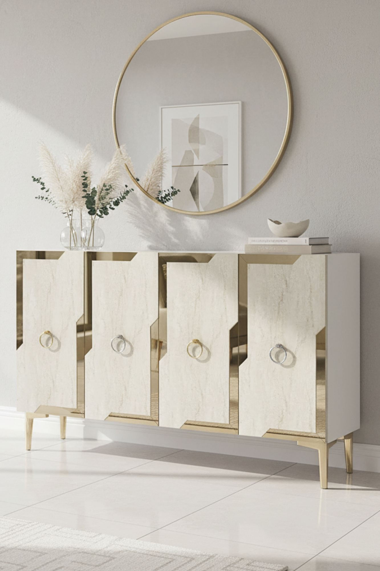 Consola Seza 120, 120 x 75 x 32 cm, alb travertin auriu, PAL melaminat, oglinda inclusa, alb / travertin / gold — imaginea 7