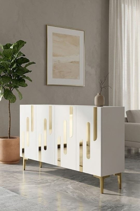 Consola Ece 120, 120 x 75 x 32 cm, alb auriu, PAL melaminat, oglinda inclusa, alb / gold — imaginea 2