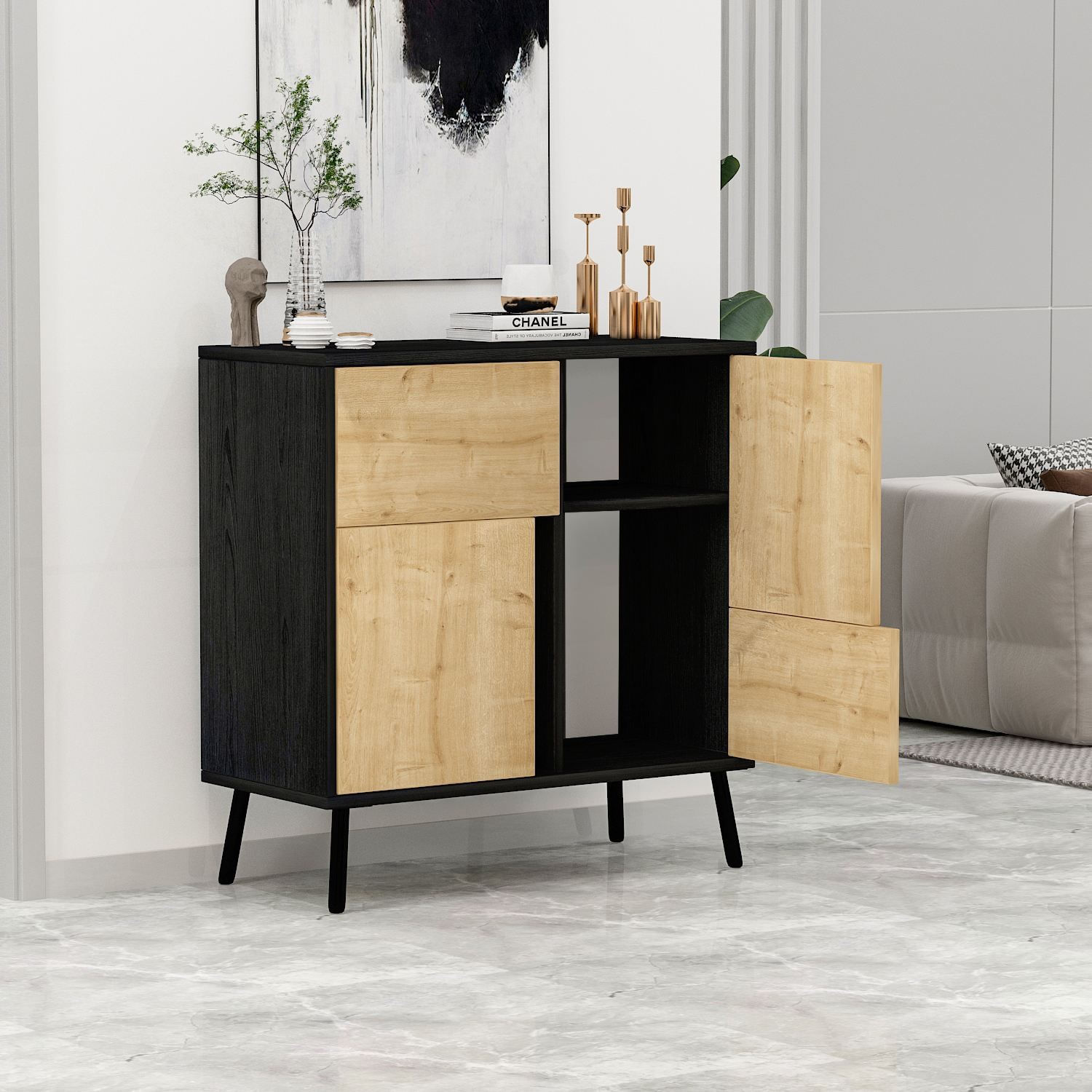 Dulap Darien, 76, 5 x 79, 5 x 35 cm, negru lemn stejar safir, PAL melaminat, spatiu de depozitare, fixare pe perete, negru wood / safir stejar