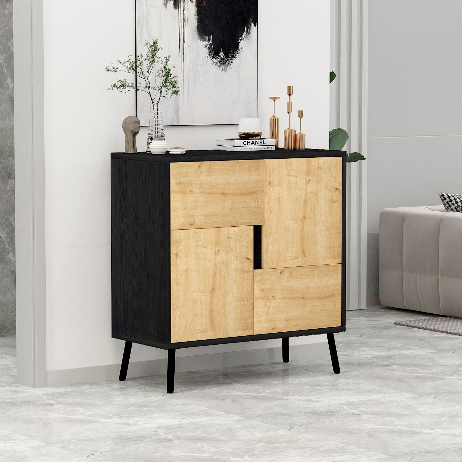 Dulap Darien, 76, 5 x 79, 5 x 35 cm, negru lemn stejar safir, PAL melaminat, spatiu de depozitare, fixare pe perete, negru wood / safir stejar — imaginea 4