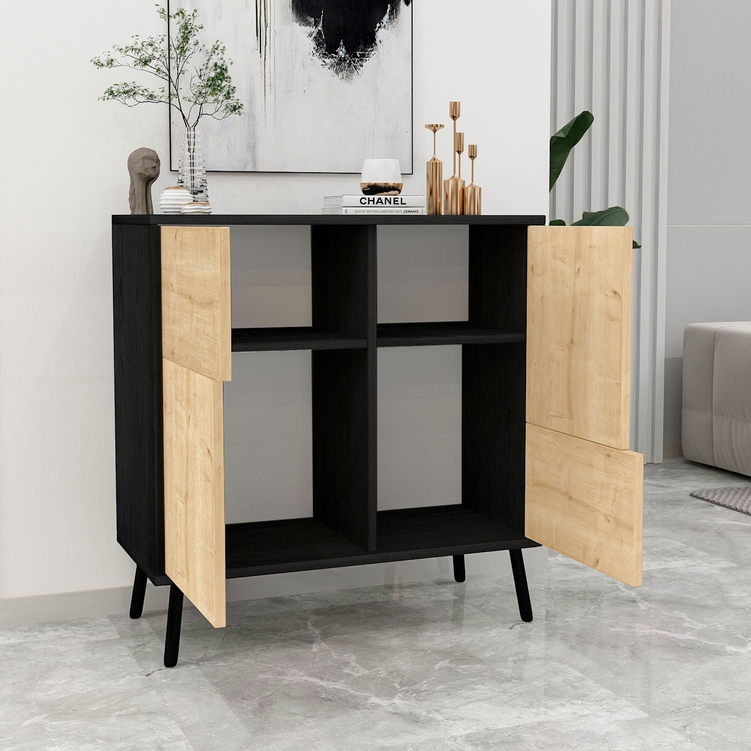 Dulap Darien, 76, 5 x 79, 5 x 35 cm, negru lemn stejar safir, PAL melaminat, spatiu de depozitare, fixare pe perete, negru wood / safir stejar — imaginea 5