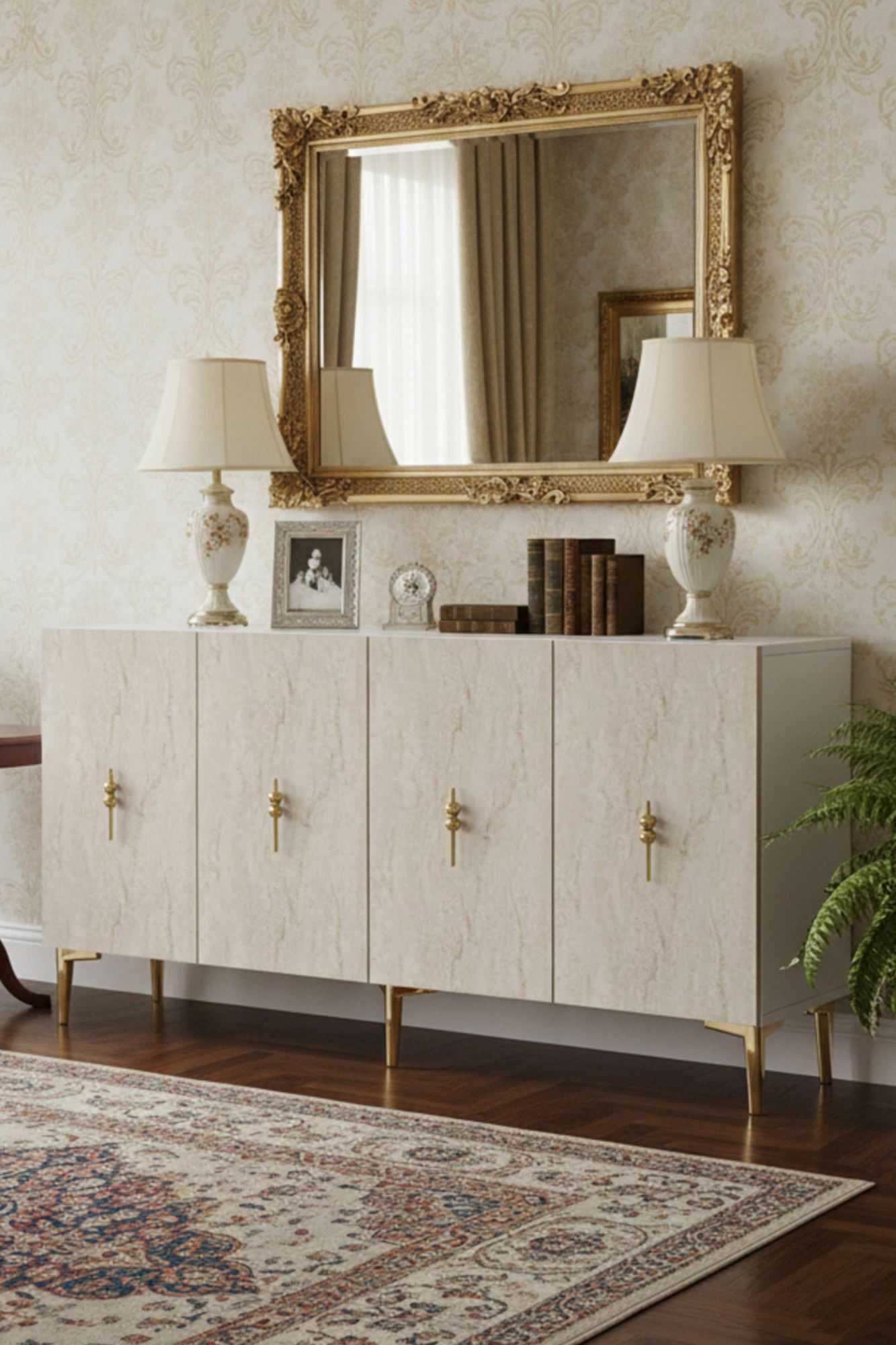 Consola Salkım 150, 150 x 75 x 32 cm, alb travertin auriu, PAL melaminat, alb / travertin / gold — imaginea 3