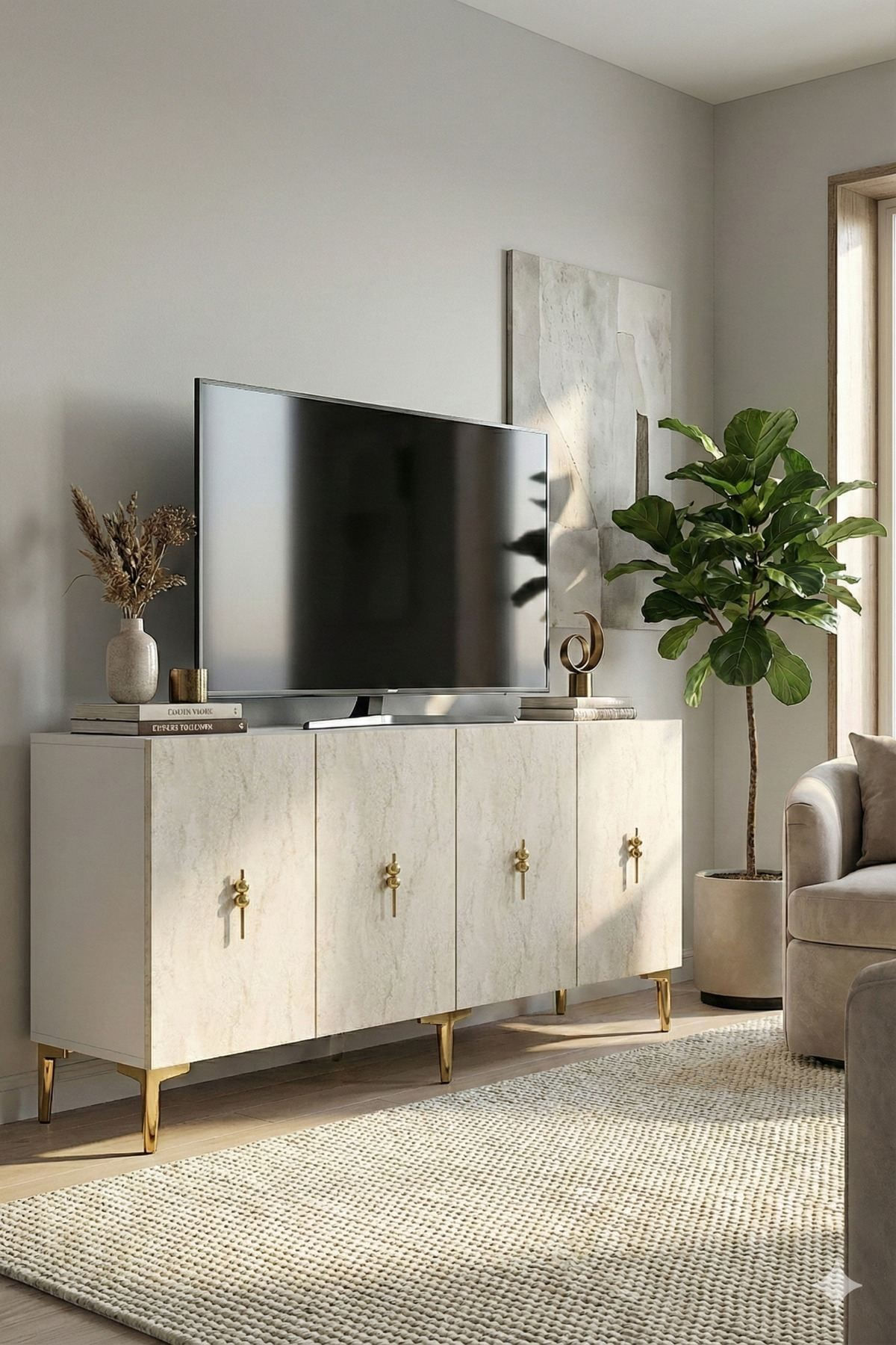 Consola Salkım 150, 150 x 75 x 32 cm, alb travertin auriu, PAL melaminat, alb / travertin / gold — imaginea 5