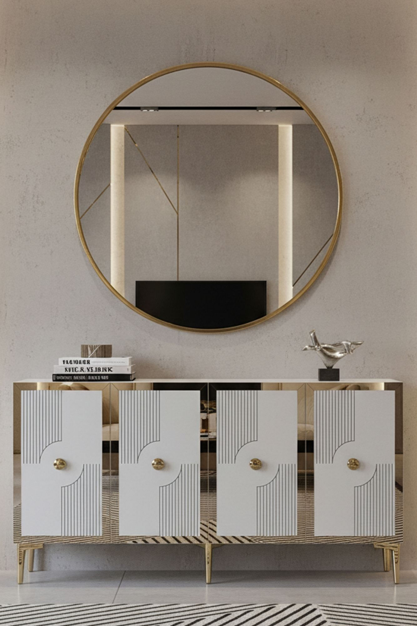 Consola Pega 150, 125 x 75 x 32 cm, alb auriu, PAL melaminat, oglinda inclusa, alb / gold — imaginea 6