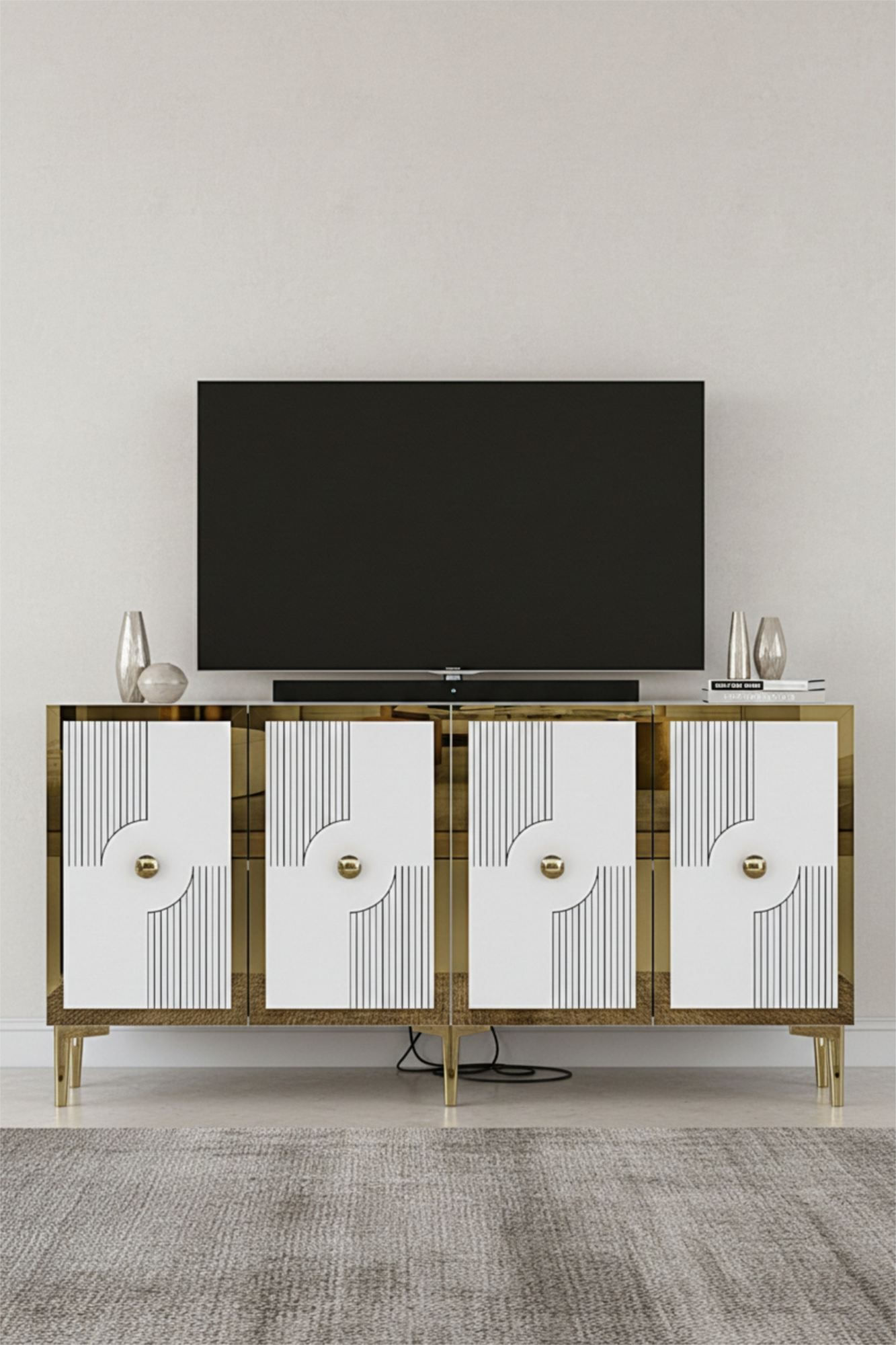 Consola Pega 150, 125 x 75 x 32 cm, alb auriu, PAL melaminat, oglinda inclusa, alb / gold — imaginea 7